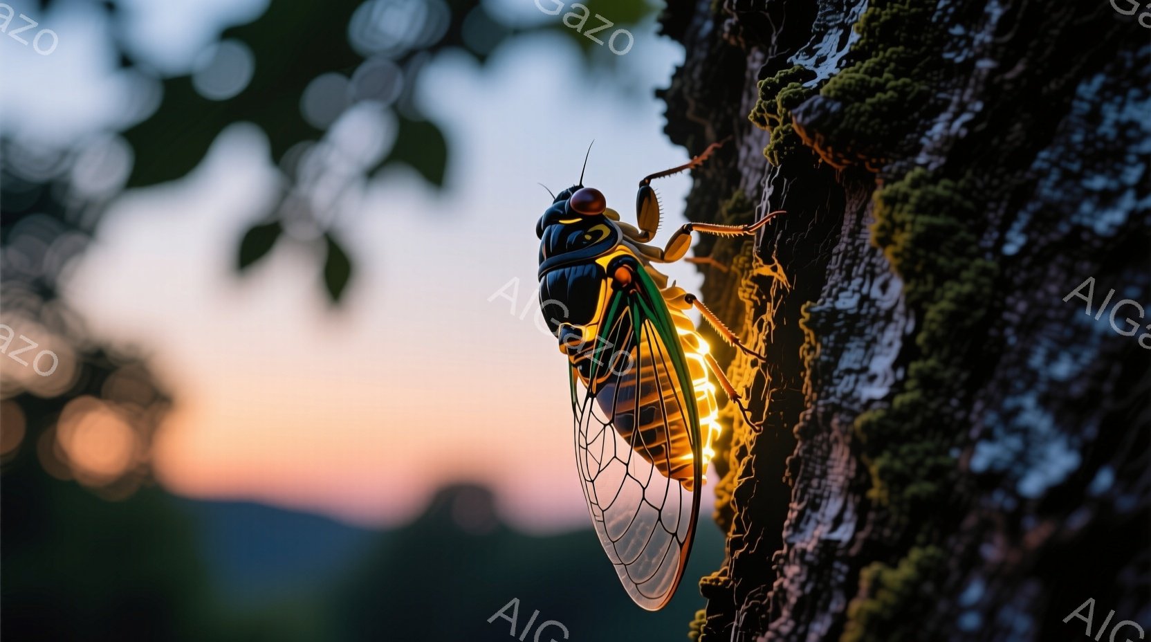 鮮やかな色彩のセミが、苔むした木の幹にしっかりと掴まっています。背景には夕焼けのようなオレンジ色のグラデーションが広がり、自然の温かさと静けさを感じさせます。セミの透明な翅と、木肌の質感のコントラストが印象的で、生命力溢れる瞬間が捉えられています。