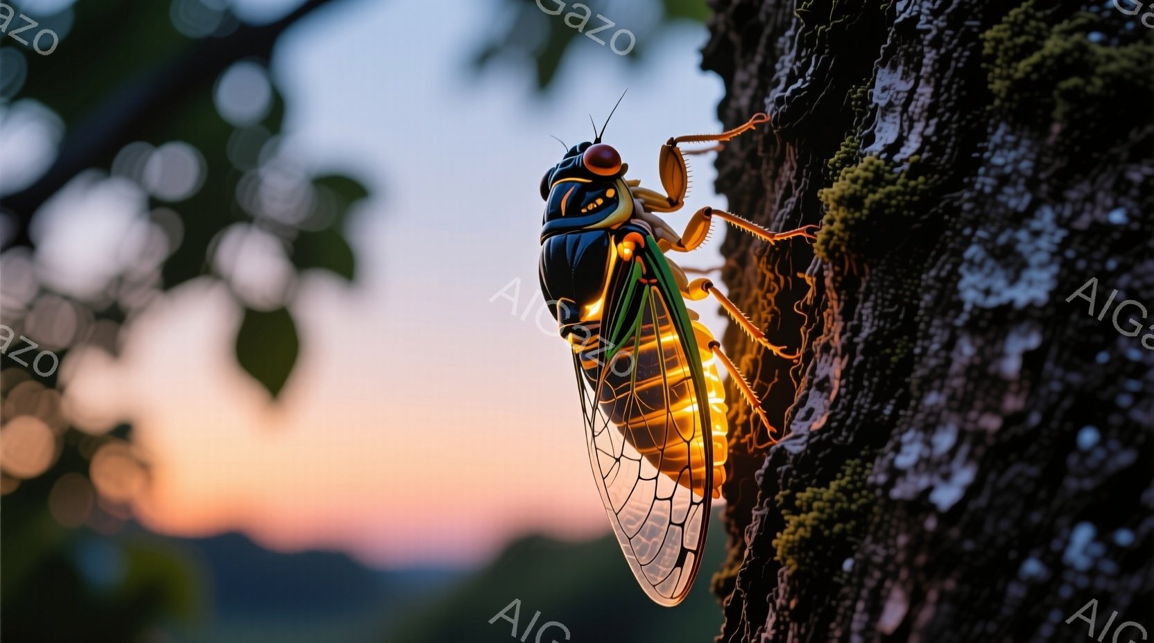 深い緑色の背景に、樹皮に止まるセミが鮮やかに映えています。セミは鮮やかな黄緑色と黒色の模様を持ち、透明な羽は夕焼けのオレンジ色を反射しています。背景は夕焼け空で、穏やかで暖かい雰囲気が漂っています。