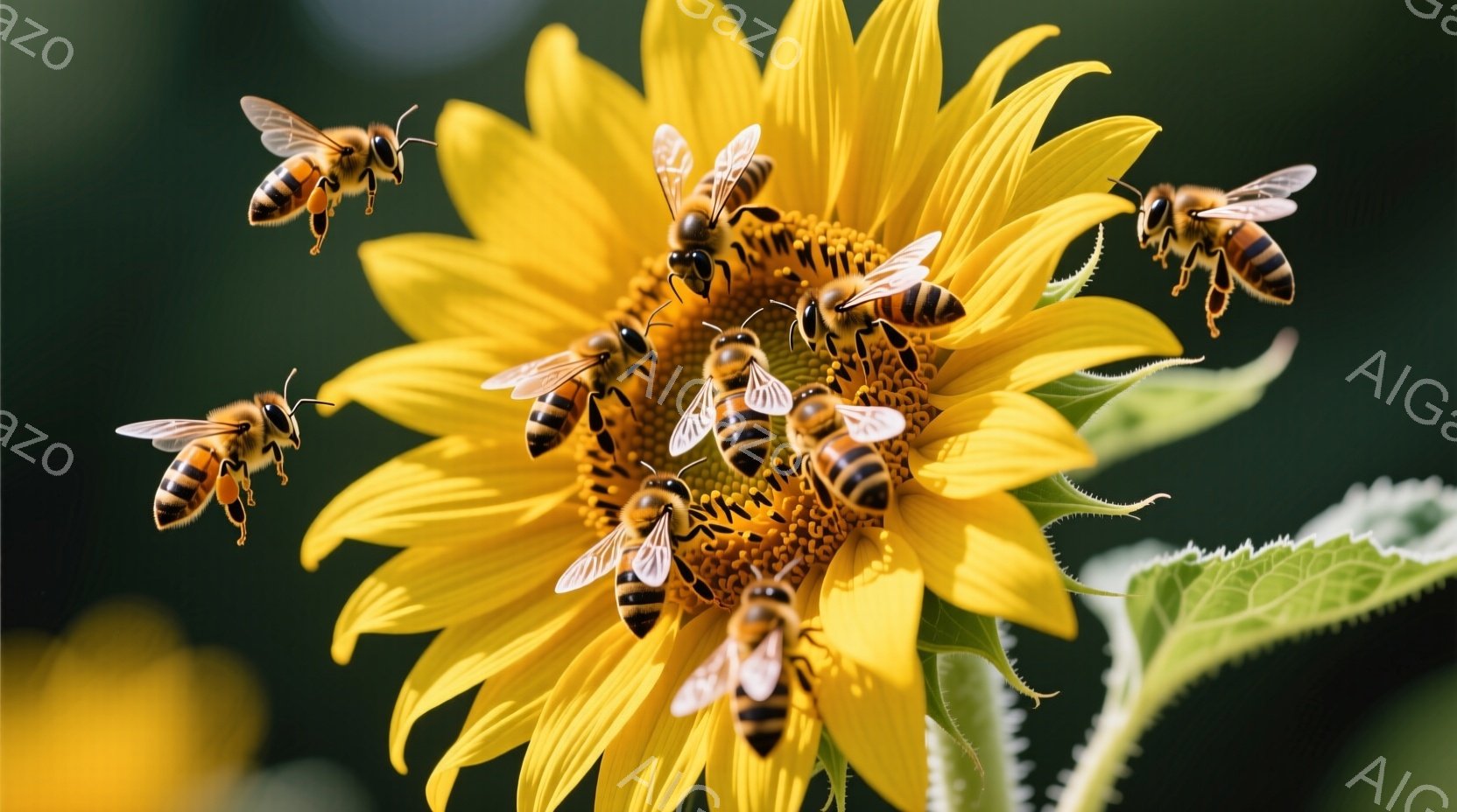 鮮やかな黄色いヒマワリの花の中心に、多くのミツバチが集まっています。ミツバチは花粉を集めるために、活発に飛び回ったり、花の中心に潜り込んだりしています。背景は緑色の葉と他のヒマワリの花がぼやけており、夏の太陽の下で生命力に満ちた穏やかな雰囲気を醸し出しています。