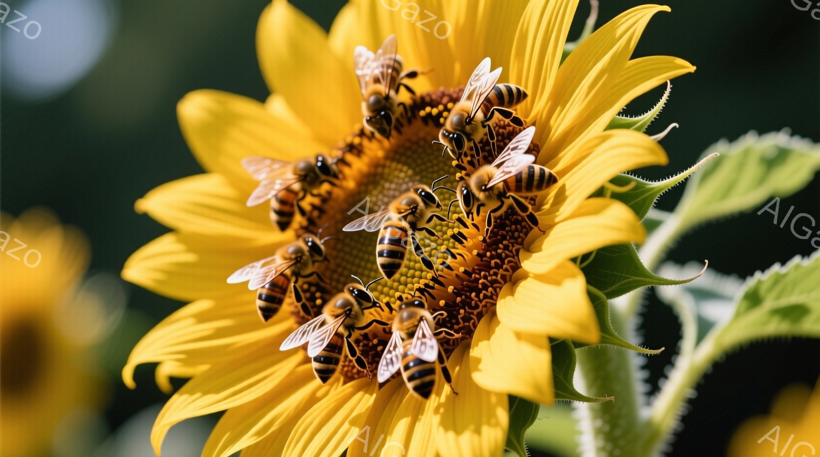広大なヒマワリ畑の中で、一輪の花に多数のミツバチが集まっている様子が捉えられています。ミツバチたちは花の中心部で蜜を集めようと忙しそうに動き回り、鮮やかな黄色い花びらと黒い体のコントラストが印象的です。背景には他のヒマワリの花や緑の葉がぼやけ、明るい日差しの中で生命力あふれる雰囲気が漂っています。