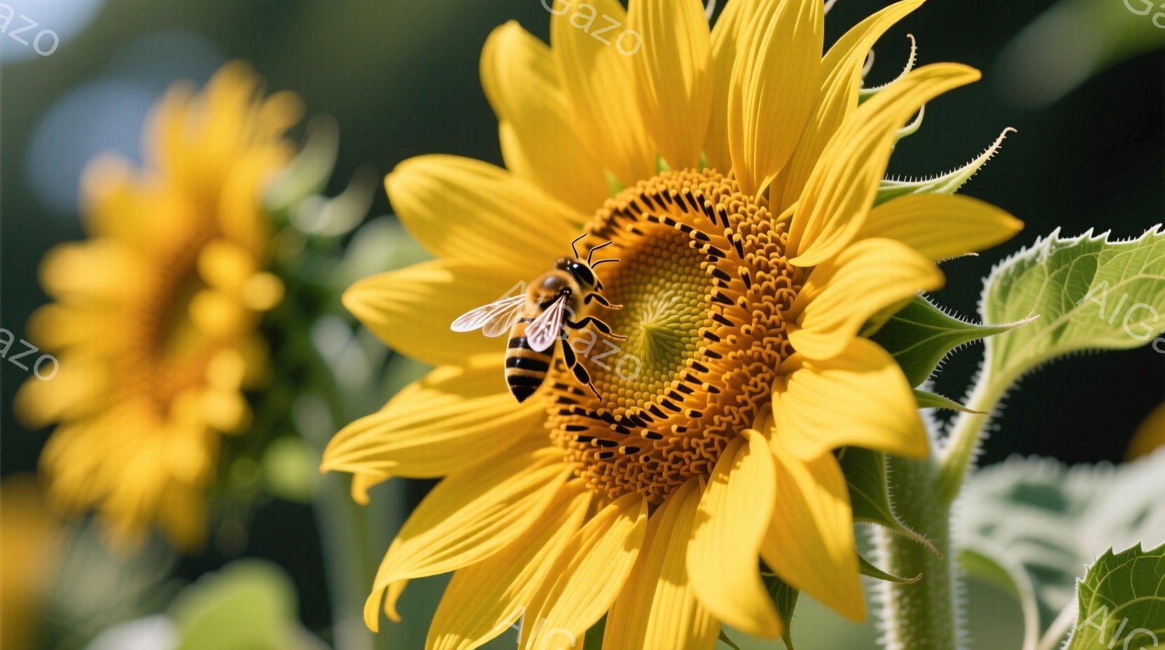 鮮やかな黄色いヒマワリが咲き誇っており、中央にはミツバチが蜜を集めている様子が捉えられている。ヒマワリの花びらは力強く広がり、中央の種の部分には蜜を集めるミツバチの姿がはっきりと見える。背景にはぼやけたヒマワリ畑が広がり、暖かい日差しの中で自然の恵みを感じさせる穏やかな雰囲気が漂っている。