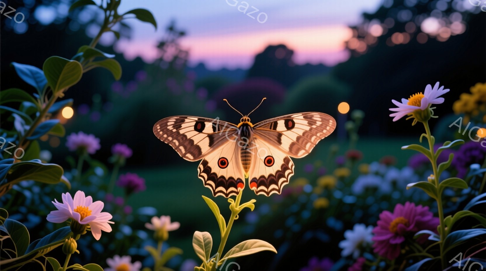 白地に黒と赤の模様が美しい蝶が、ピンクや紫、白のアスターの花の上で羽を広げています。背景には緑豊かな植物が生い茂り、夕焼けの空が柔らかい光を投げかけており、静かで穏やかな雰囲気が漂います。花々は鮮やかで、蝶の繊細な美しさを引き立てています。