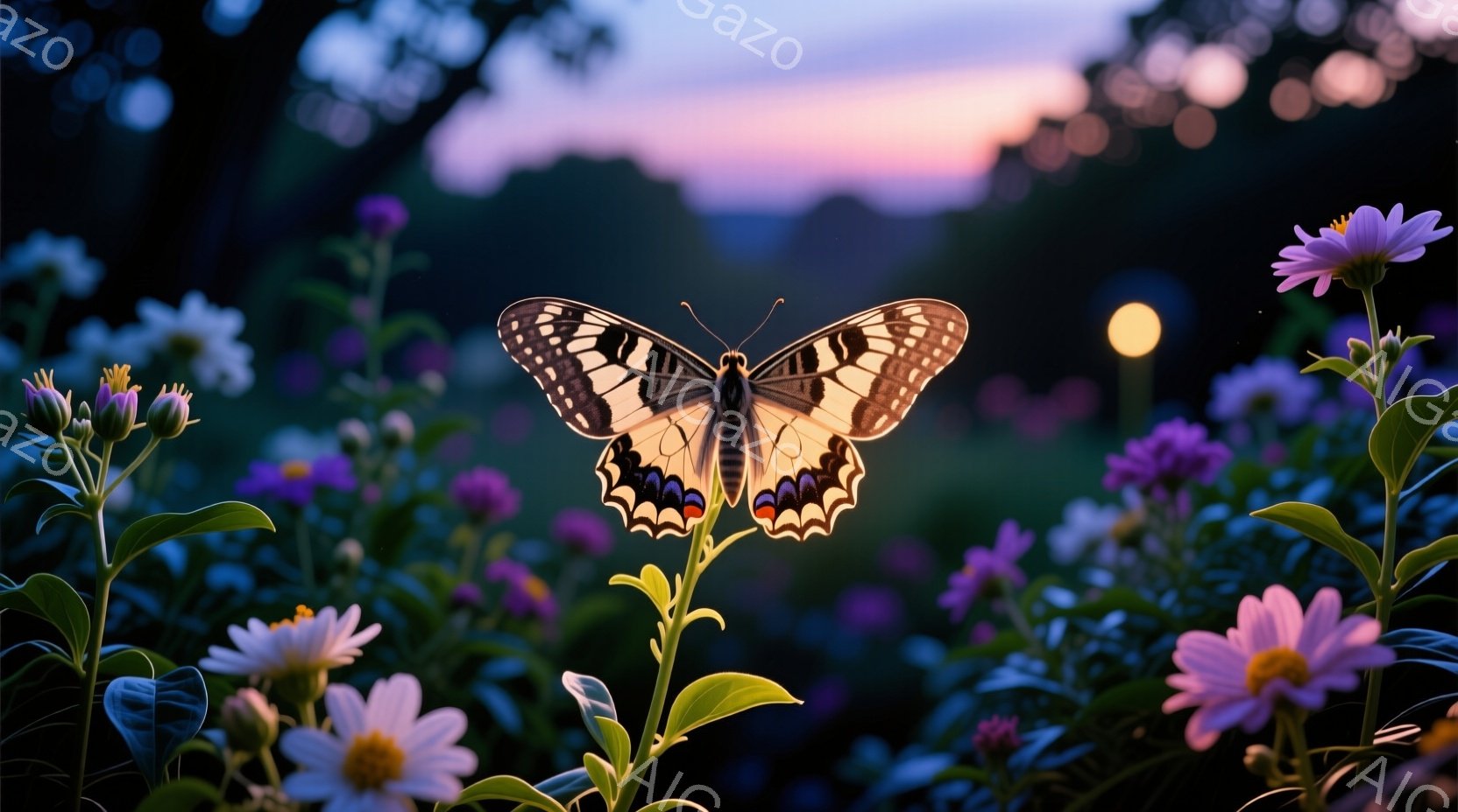 紫とピンクの鮮やかな花々が咲き乱れる中に、美しいアゲハチョウが羽を広げてとまっています。背景は夕暮れ時の空で、オレンジと紫のグラデーションが幻想的な雰囲気を醸し出しています。ぼやけた光が遠景にあり、全体的に穏やかで自然な情景が印象的です。