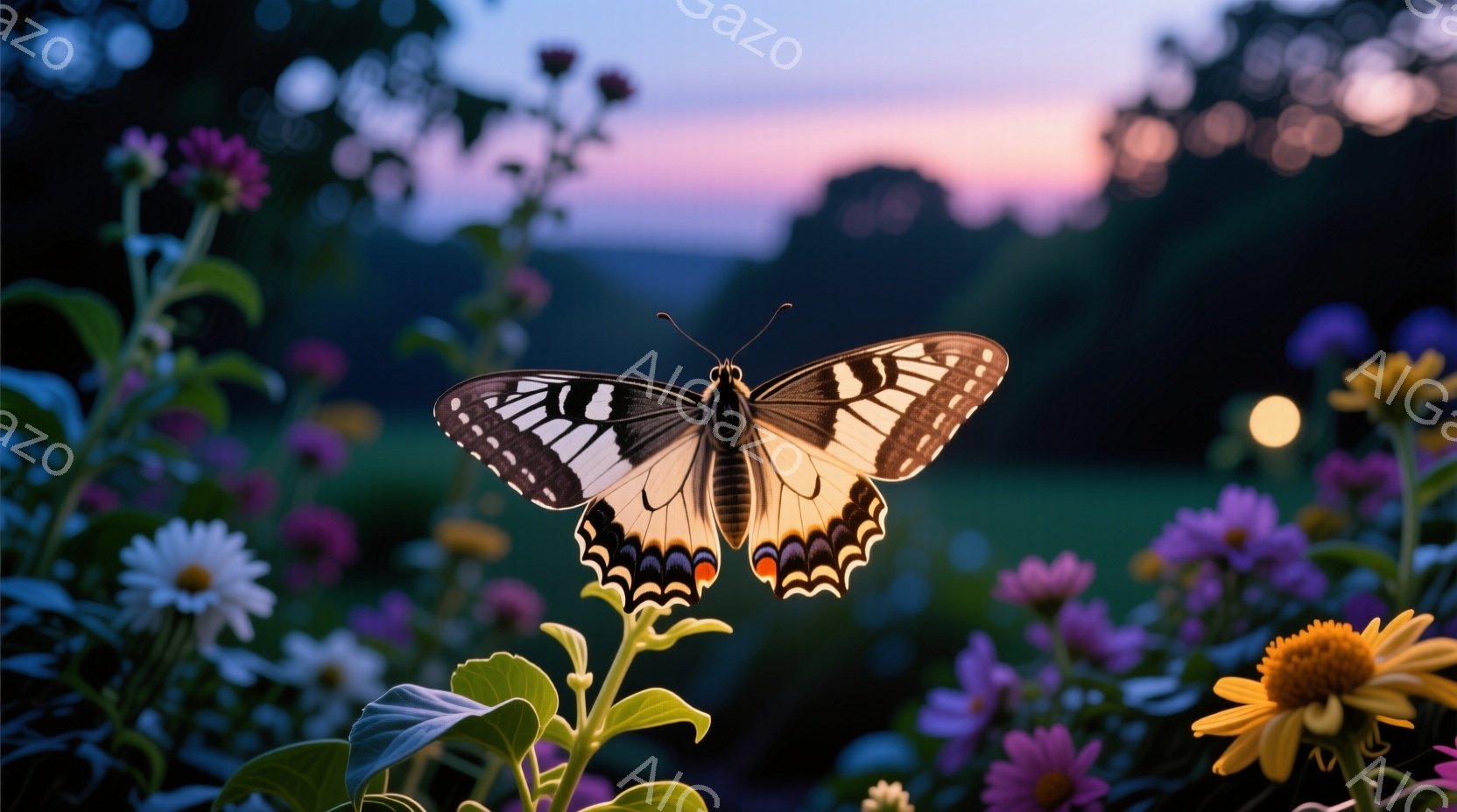 白地に黒い模様が入った大きな蝶が、紫と黄色の花々が咲き乱れる緑の茎に止まっています。背景にはぼやけた緑の丘と、夕焼けのような薄紫色の空が広がっており、穏やかで幻想的な雰囲気を醸し出しています。花々は鮮やかで、蝶の白さが際立ち、自然の美しさを強調しています。
