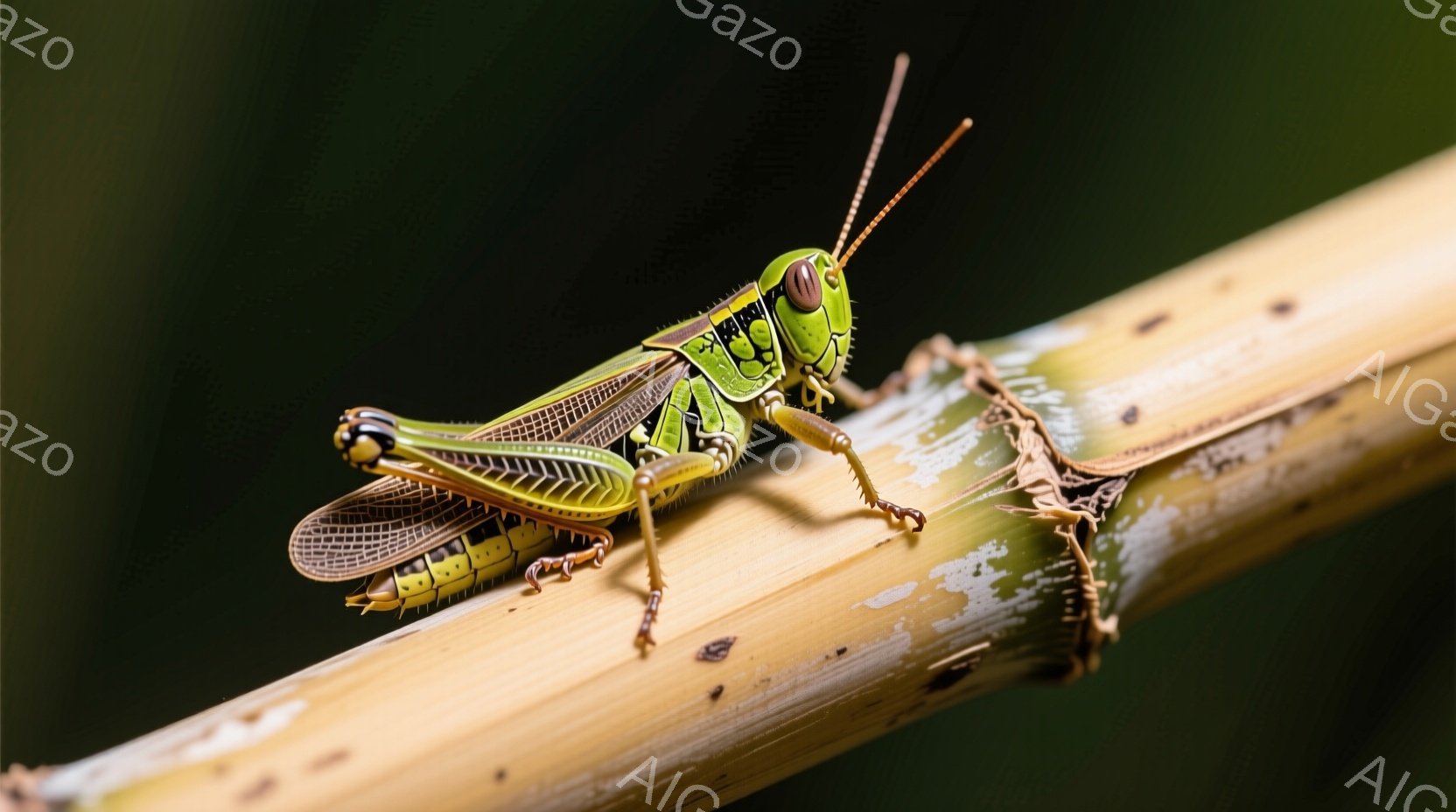 鮮やかな緑色のバッタが、乾燥した茶色の竹の茎に止まっています。バッタは右足を前に出し、体を竹の茎に沿って横向きにしており、鋭い眼と長い触覚が特徴的です。背景は暗緑色でぼやけており、バッタが際立って見えます。