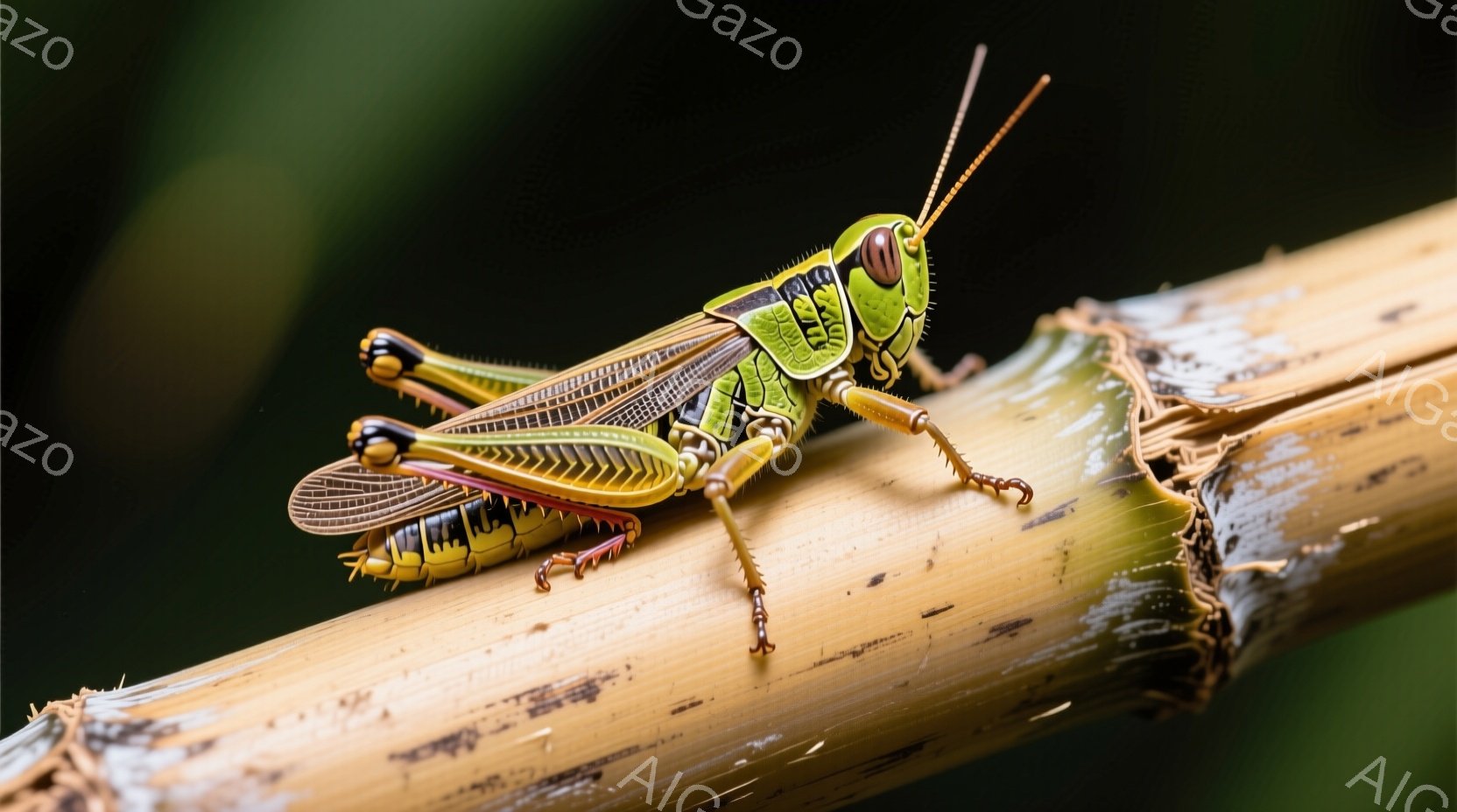 鮮やかな緑と黄色の縞模様を持つ美しいバッタが、茶色の植物の茎にしっかりととまっています。バッタの細い脚と繊細な羽は、光を受けて輝いており、自然の美しさを際立たせています。背景は暗く、バッタの色がより一層引き立ち、静かで落ち着いた雰囲気を醸し出しています。