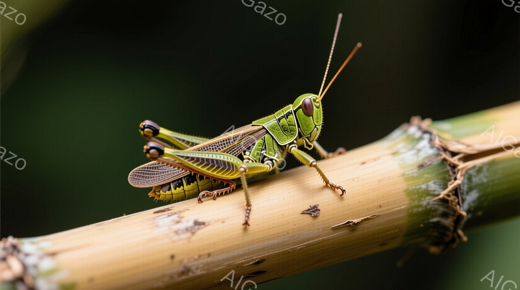 鮮やかな緑色のバッタが、茶色の植物の茎に止まっています。バッタの体には黒い縞模様があり、翼は半透明で繊細な模様が施されています。背景は緑色のぼかしで、自然の中で撮影された、生命力あふれる瞬間を捉えた写 - AI生成フリー素材