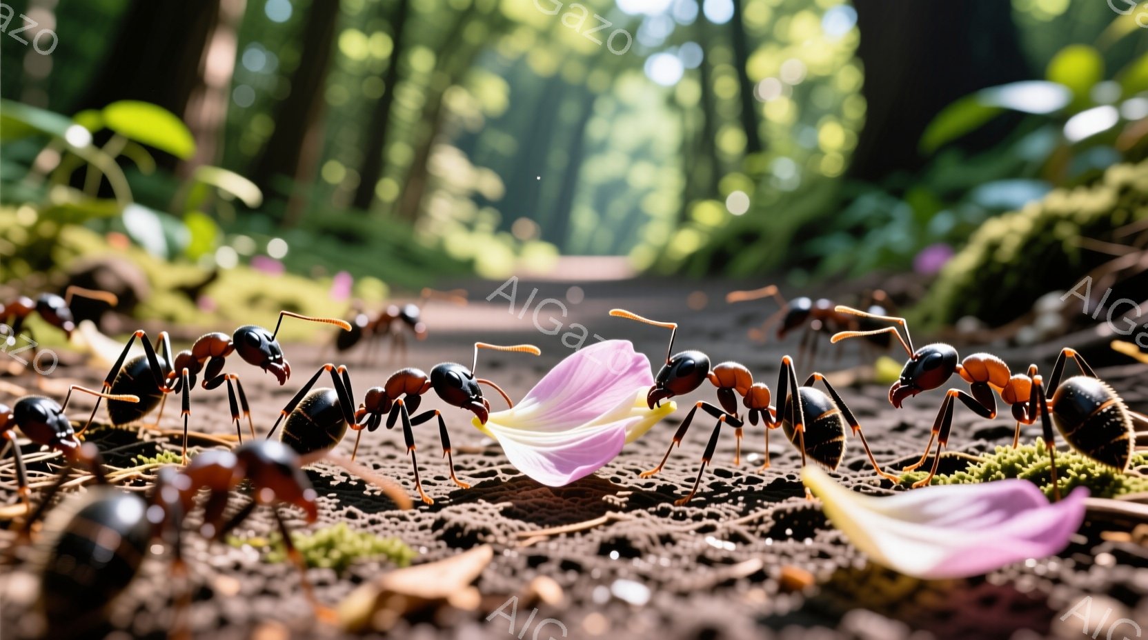 茶色い土の上に、黒い蟻たちがピンク色の花びらを囲んで協力して運んでいる様子が写っている。背景には緑豊かな植物や木々が見え、朝日が差し込み、暖かく穏やかな雰囲気を醸し出している。蟻たちは皆、同じ方向に進み、花びらを少しずつ引きずりながら、それぞれの役割をこなしているように見える。
