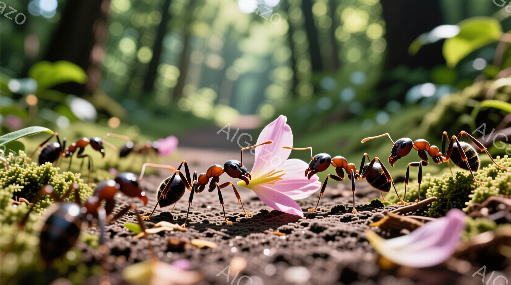 多数の黒いアリがピンク色の小さな花びらに群がっている様子が写っている。背景には緑色の苔と土が見え、浅い奥行きで森の床がぼんやりと確認できる。全体的に、アリの共同作業と自然の微細な美しさを捉えた、自然に近い雰囲気の写真である。