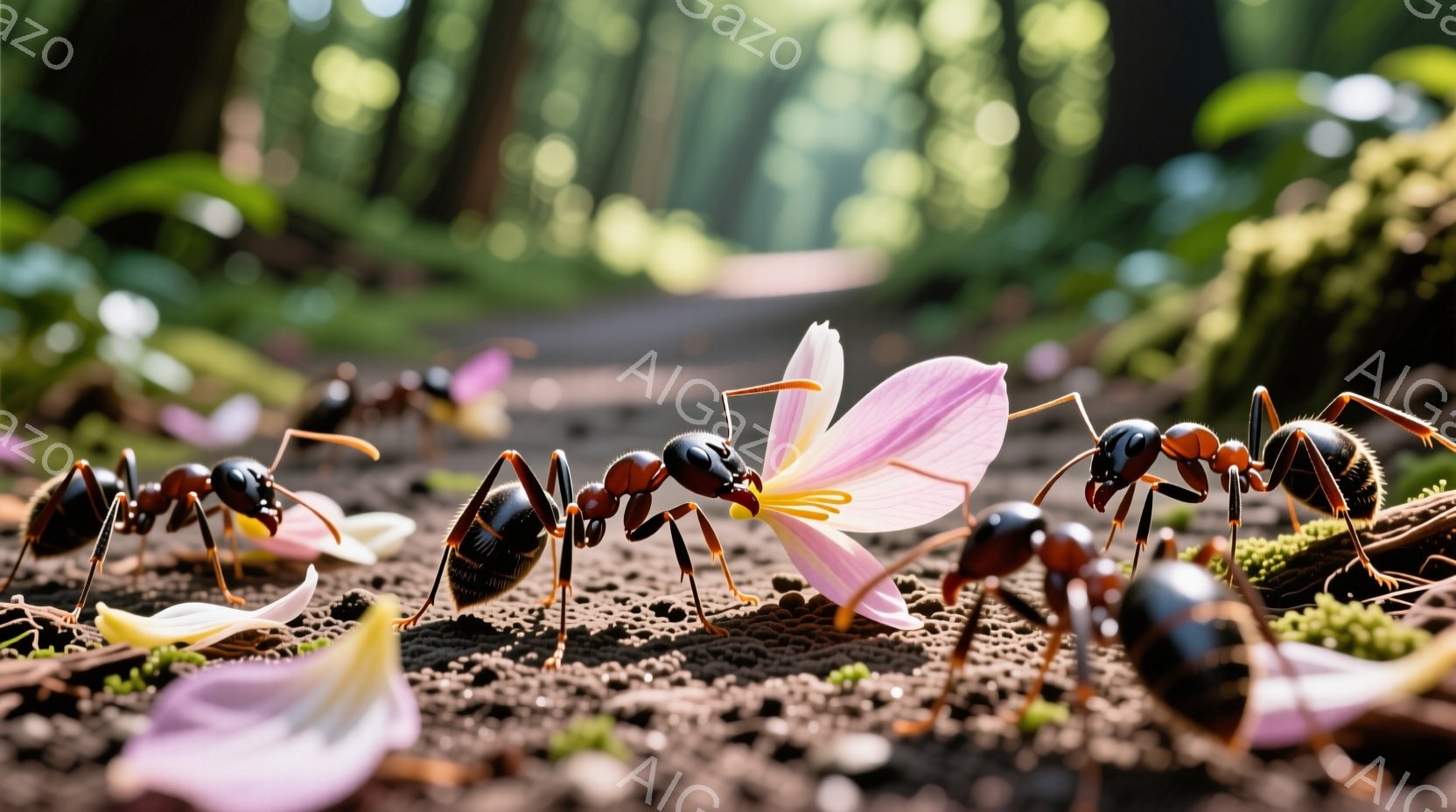 地面に散らばる花びらの周りに集まったアリの群れが写っている。アリたちは暗褐色の体と光沢のある黒い頭を持ち、花びらを引きずり、または周囲を探索しているようだ。背景は緑豊かな植物と土で覆われた地面で、自然の中でアリが活動する様子を捉えた、活気のある雰囲気である。