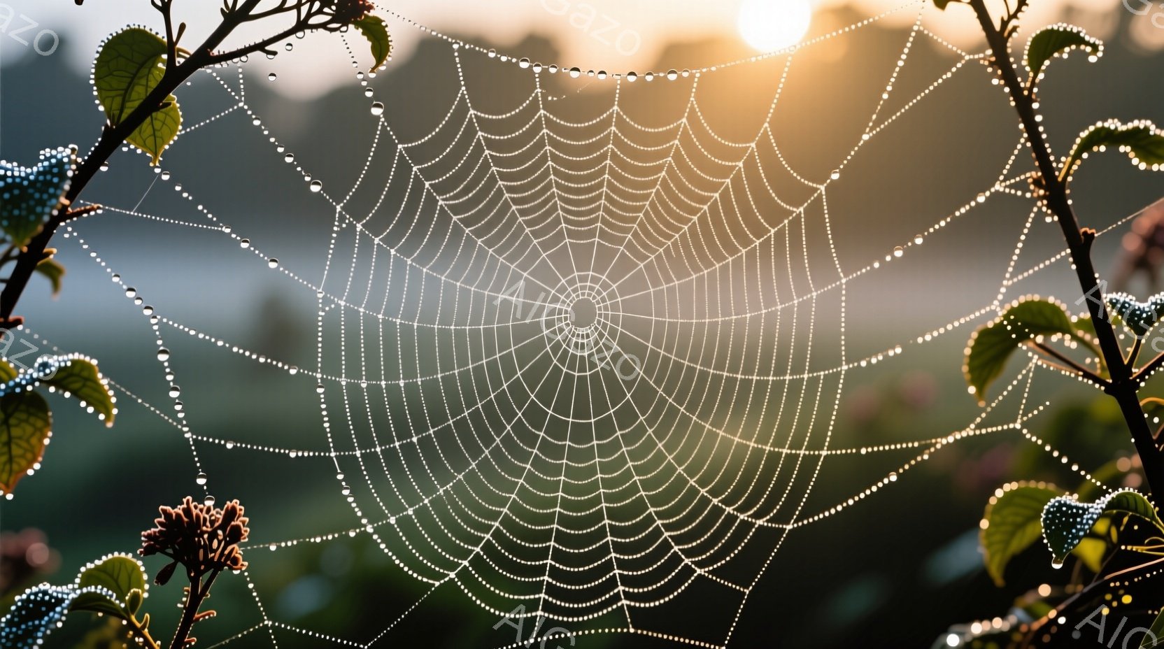 美しいクモの巣が朝露に濡れて光り輝いている。背景は緑豊かな自然で、ぼやけた光の中で日の出の柔らかな光が差し込んでいる。露に濡れた葉とクモの巣の繊細な網目が、静かで穏やかな雰囲気を醸し出している。