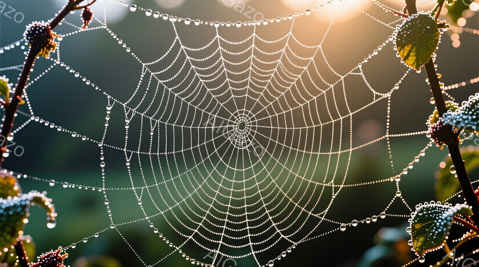 白く繊細な蜘蛛の巣が、朝露に濡れた草木の中に浮かび上がっている。露は蜘蛛の糸に宝石のように輝き、背景の緑とぼやけた光が、幻想的な雰囲気を醸し出している。自然の美しさと静寂が感じられる、美しい瞬間を捉え - AI生成フリー素材