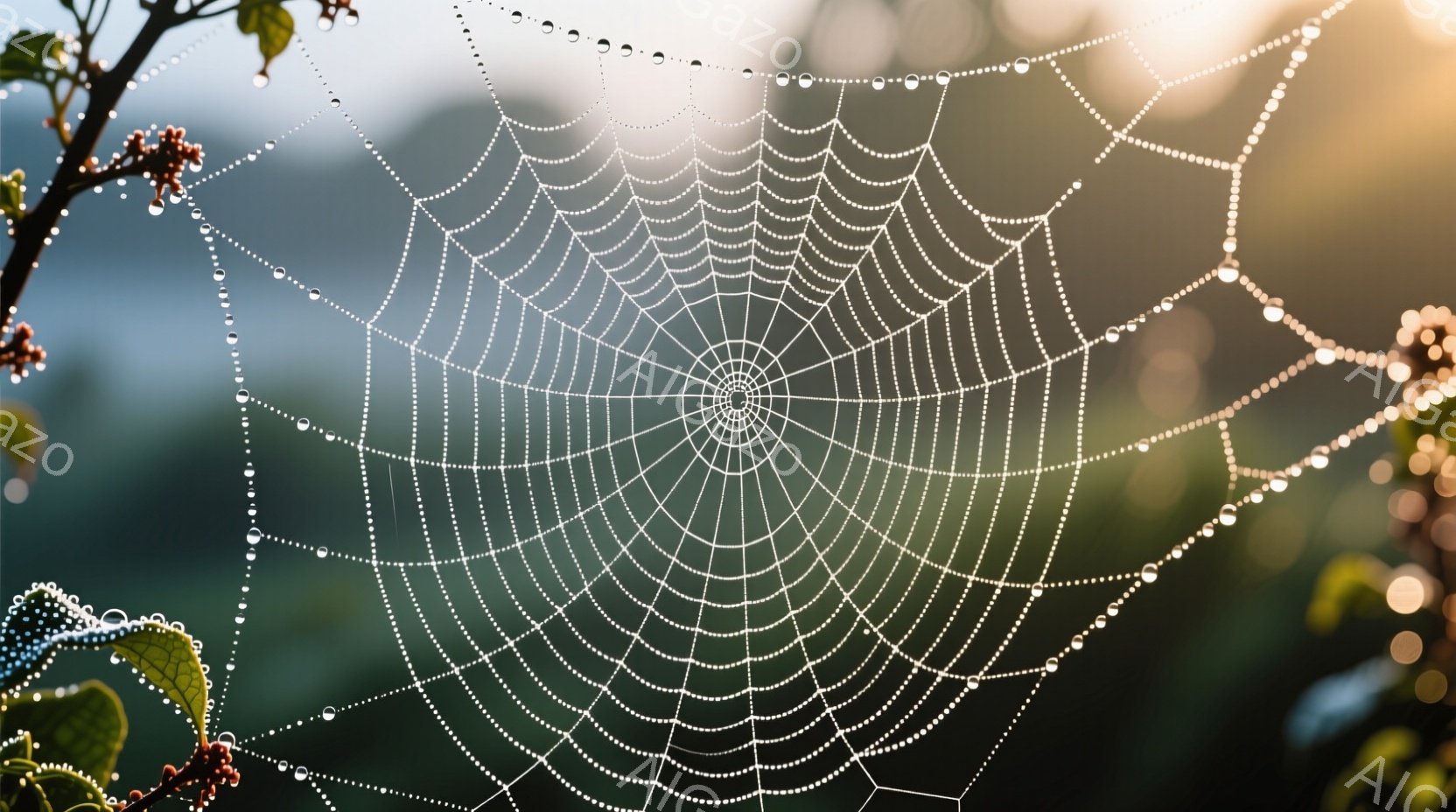 白く繊細な蜘蛛の巣が、朝露に濡れて光り輝いている。葉や小枝にも水滴がつき、背景は緑豊かな自然がぼやけて描かれ、柔らかい光が全体を包み込んでいる。 静かで穏やかな、自然の美しさを捉えた一枚だ。 - AI生成フリー素材