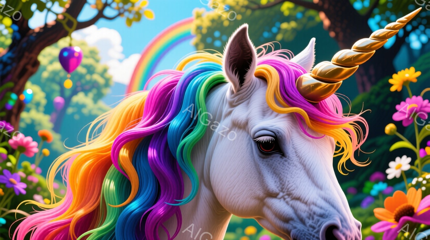 白いユニコーンが画面の中心に大きく描かれており、たてがみは虹色に輝いています。背景には緑豊かな植物と色とりどりの花々が咲き乱れ、空には美しい虹がかかっています。 全体的に幻想的で、明るく希望に満ちた雰 - AI生成フリー素材