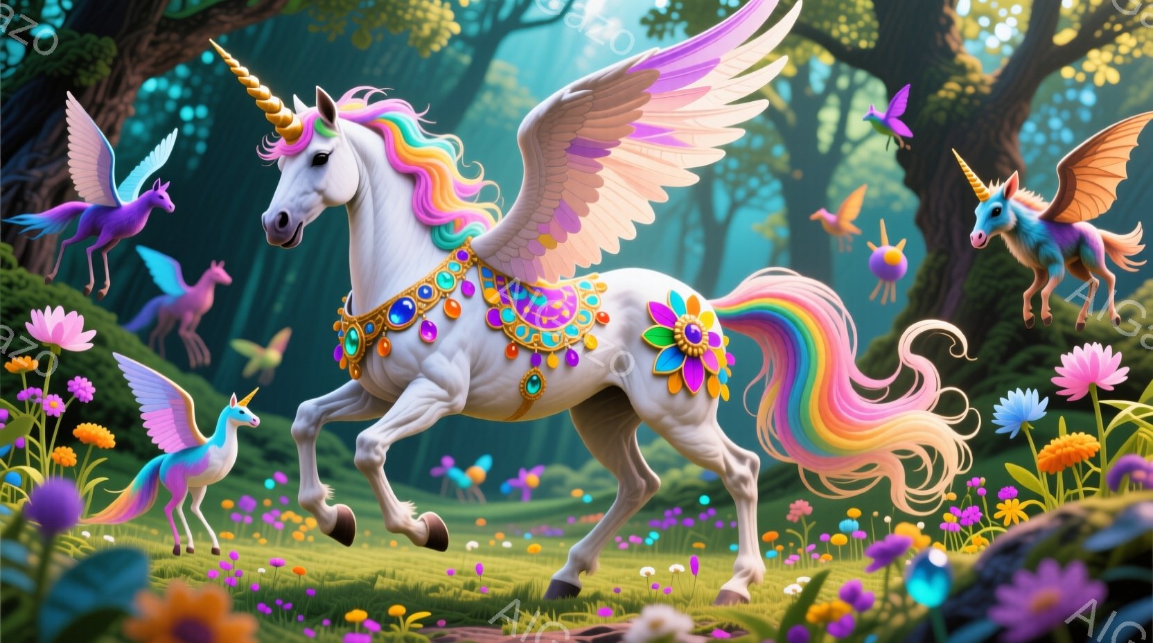 虹色のたてがみと尾を持つ白いユニコーンが、花畑の中を駆けている姿が描かれています。ユニコーンは宝石で飾られたハーネスを身に着け、周囲には小さな翼を持つユニコーンや妖精のような生き物たちが飛び交っていま - AI生成フリー素材