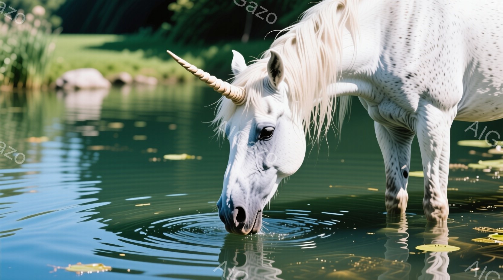 白いユニコーンが緑色の池で水を飲んでいる姿が描かれている。その姿は優雅で、水面に波紋が広がり、周囲の緑豊かな自然とのコントラストが美しい。池の縁には水草が浮かび、穏やかで幻想的な雰囲気を醸し出している - AI生成フリー素材