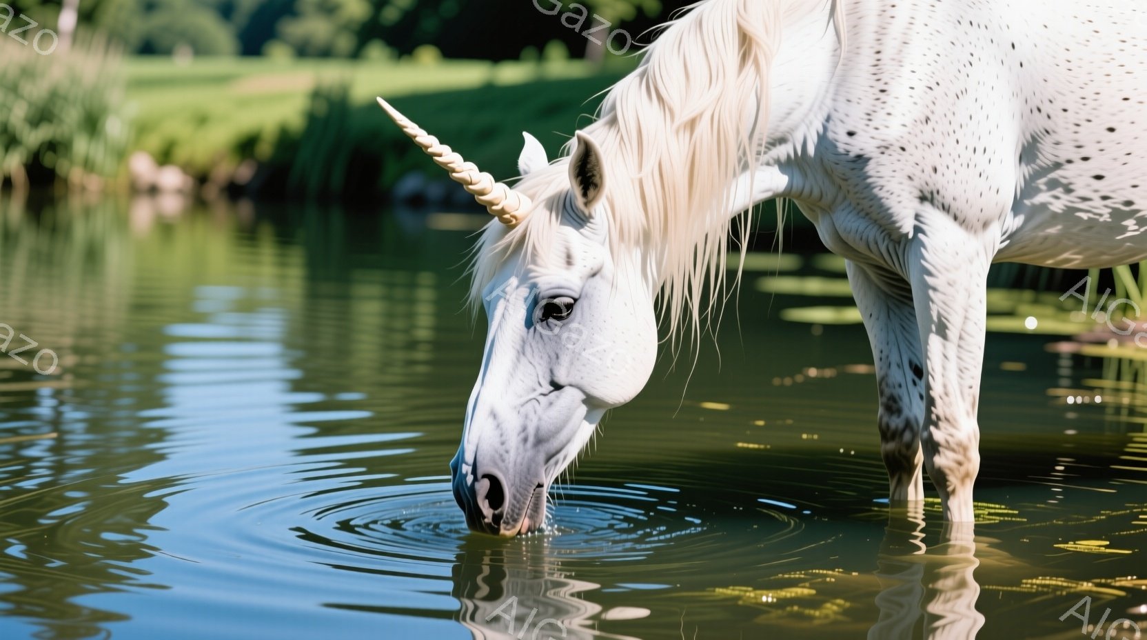白いユニコーンが水面を覗き込み、静かに水を飲んでいます。その毛並みは白く輝き、たてがみが風になびいています。背景には緑豊かな草地と水辺の植物が見え、穏やかで幻想的な雰囲気が漂っています。 - AI生成フリー素材