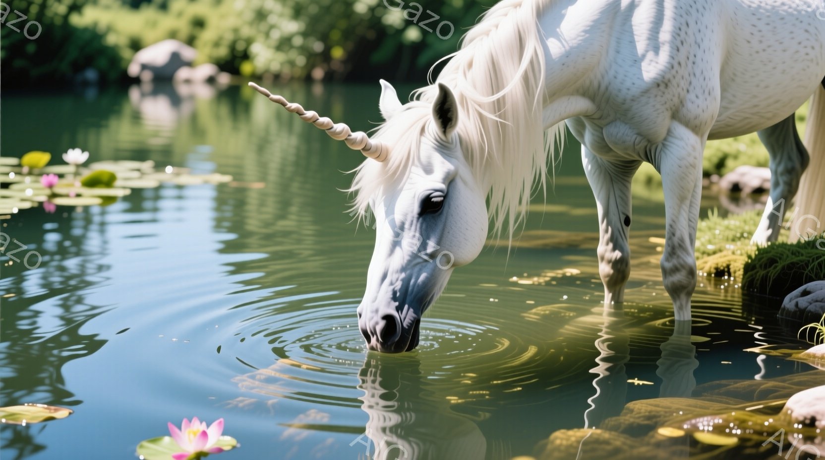 白いユニコーンが穏やかな池の水を飲んでいる様子が描かれています。周囲には緑豊かな植生とピンク色の睡蓮が点在し、水面には波紋が広がっています。全体的に穏やかで幻想的な雰囲気が漂い、自然との調和が感じられ - AI生成フリー素材