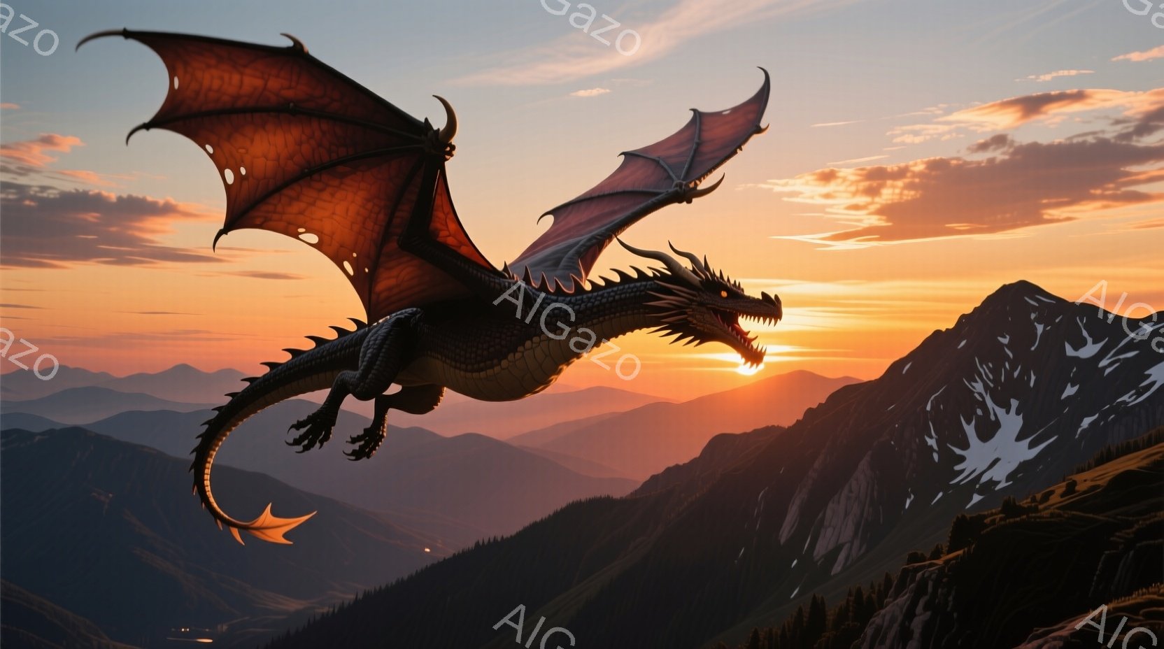 黒い竜が夕焼けの山々の上を飛んでいる。その竜は翼を大きく広げ、口を開けて咆哮しているように見える。背景には、雪を抱いた山々と、夕焼けに照らされた風景が広がり、力強く神秘的な雰囲気を醸し出している。 - AI生成フリー素材