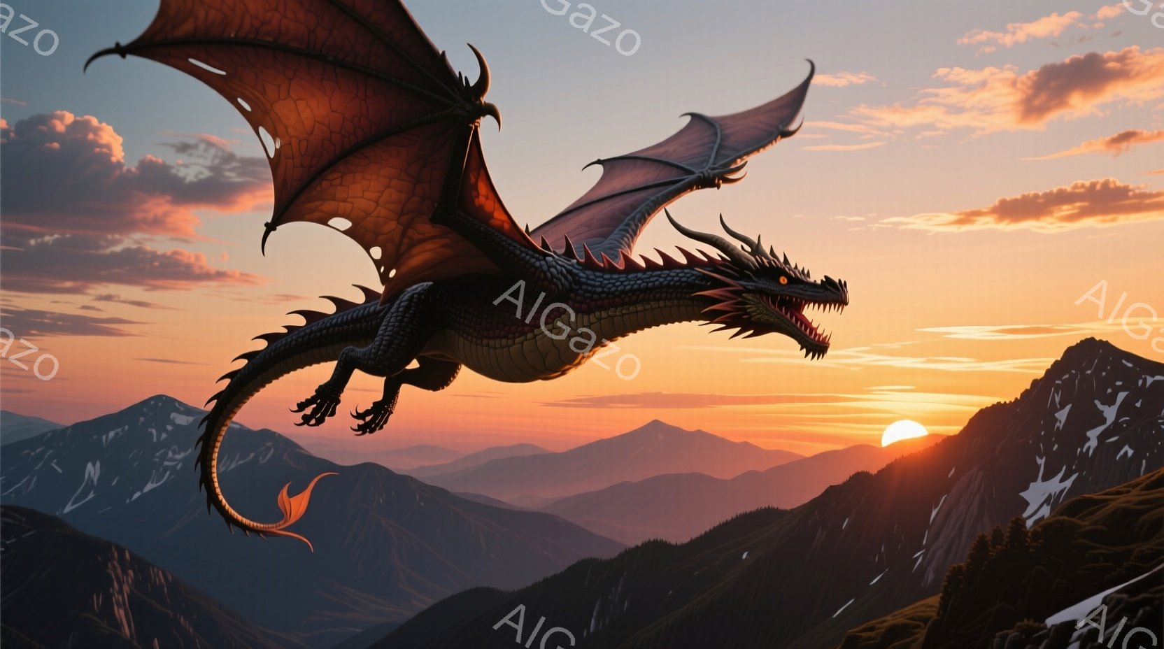 夕焼け空を背景に、巨大な黒いドラゴンが翼を広げて飛んでいる。ドラゴンの鱗は詳細に描かれており、鋭い爪と牙、そして燃えるような赤い目が印象的だ。遠くには山々が連なり、まるでドラゴンの王国を見下ろしているかのような壮大な景色が広がっている。