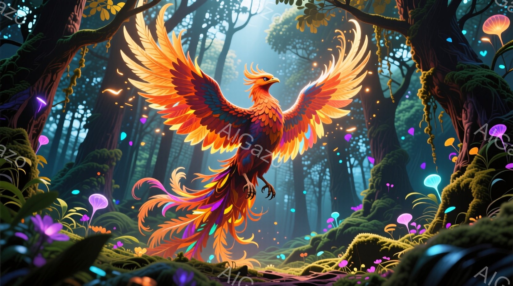 鮮やかなオレンジと赤色の羽を持つ不死鳥が、緑豊かな森の中で翼を広げて飛んでいます。背景には、苔むした木々や、幻想的な光を放つカラフルなキノコが点在し、神秘的な雰囲気を醸し出しています。光が差し込むこと - AI生成フリー素材