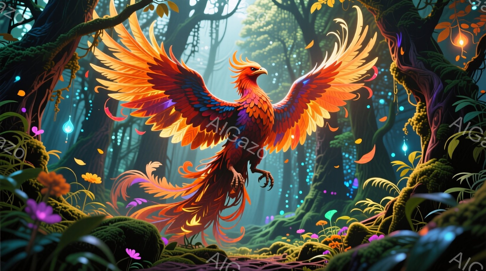 明るいオレンジと赤色の鮮やかな鳳凰が、緑豊かな神秘的な森の中で翼を広げて舞い上がっている。周囲には、蛍光色のキノコや植物が生い茂り、光の粒子が幻想的な雰囲気を醸し出している。鳳凰の羽は炎のように輝き、 - AI生成フリー素材
