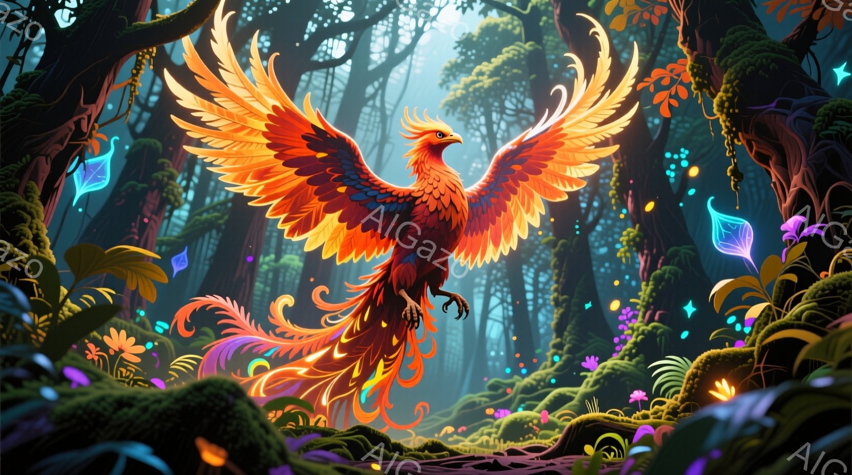 鮮やかな朱色の不死鳥が、神秘的な森の中で翼を広げ、飛翔している。背景には、緑豊かな植物が生い茂り、幻想的な光を放つ花々や、光る蝶が舞っている。全体的に、神秘的で幻想的な雰囲気が漂い、まるで別世界の光景 - AI生成フリー素材