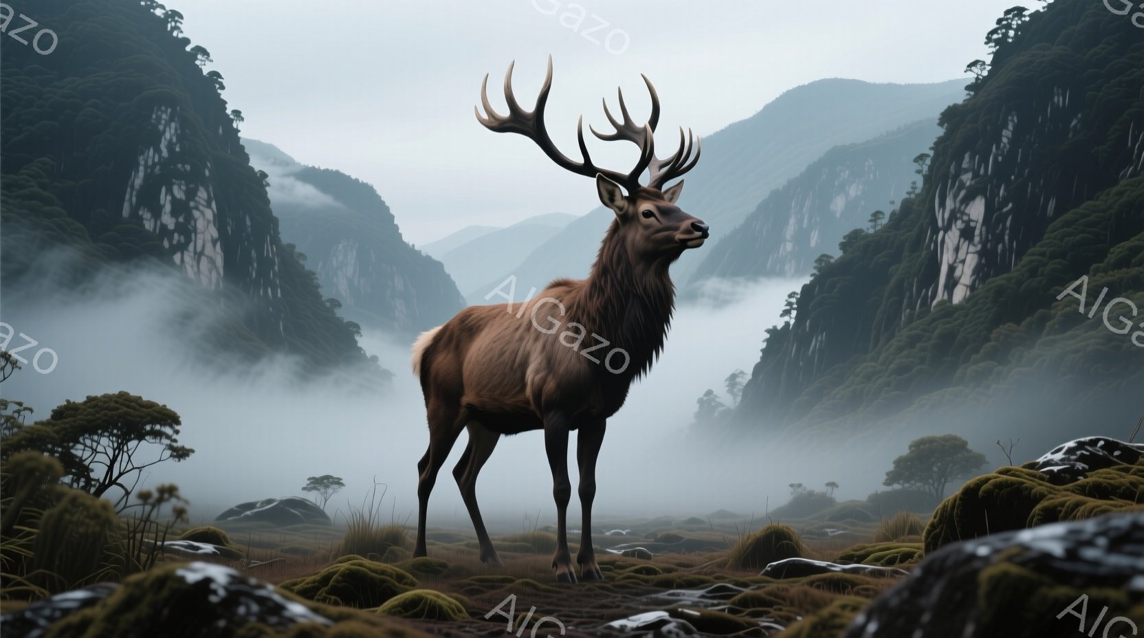 巨大な角を持つ雄鹿が、霧深い谷間に凛と立っている。周囲には緑の草が生い茂り、足元には岩が点在し、遠くには霧に覆われた山々がそびえ立っている。全体的に神秘的で静謐な雰囲気が漂い、自然の力強さと美しさが感 - AI生成フリー素材