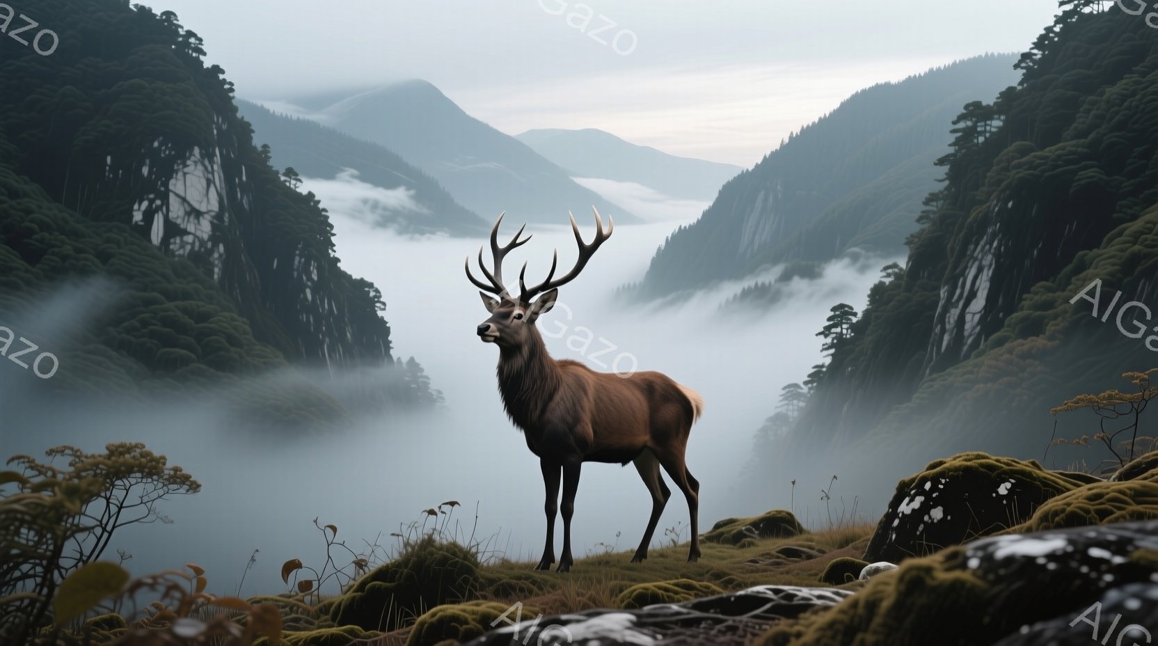 緑豊かな丘の上に堂々と立つ雄鹿が写っている。背景は深い霧に覆われた山々に囲まれ、静寂で神秘的な雰囲気を醸し出している。鹿は自信に満ちた表情で遠くを見つめ、力強く美しい姿を見せている。