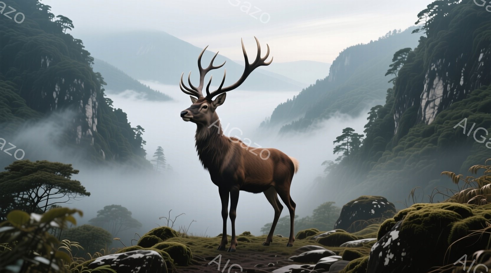 霧深い山岳地帯に、堂々とした雄鹿が立っている。その毛並みは赤褐色で、大きく分かれた角が特徴的だ。周囲には緑豊かな苔むした岩場が広がり、深い霧が谷間を覆い、神秘的な雰囲気を醸し出している。 - AI生成フリー素材