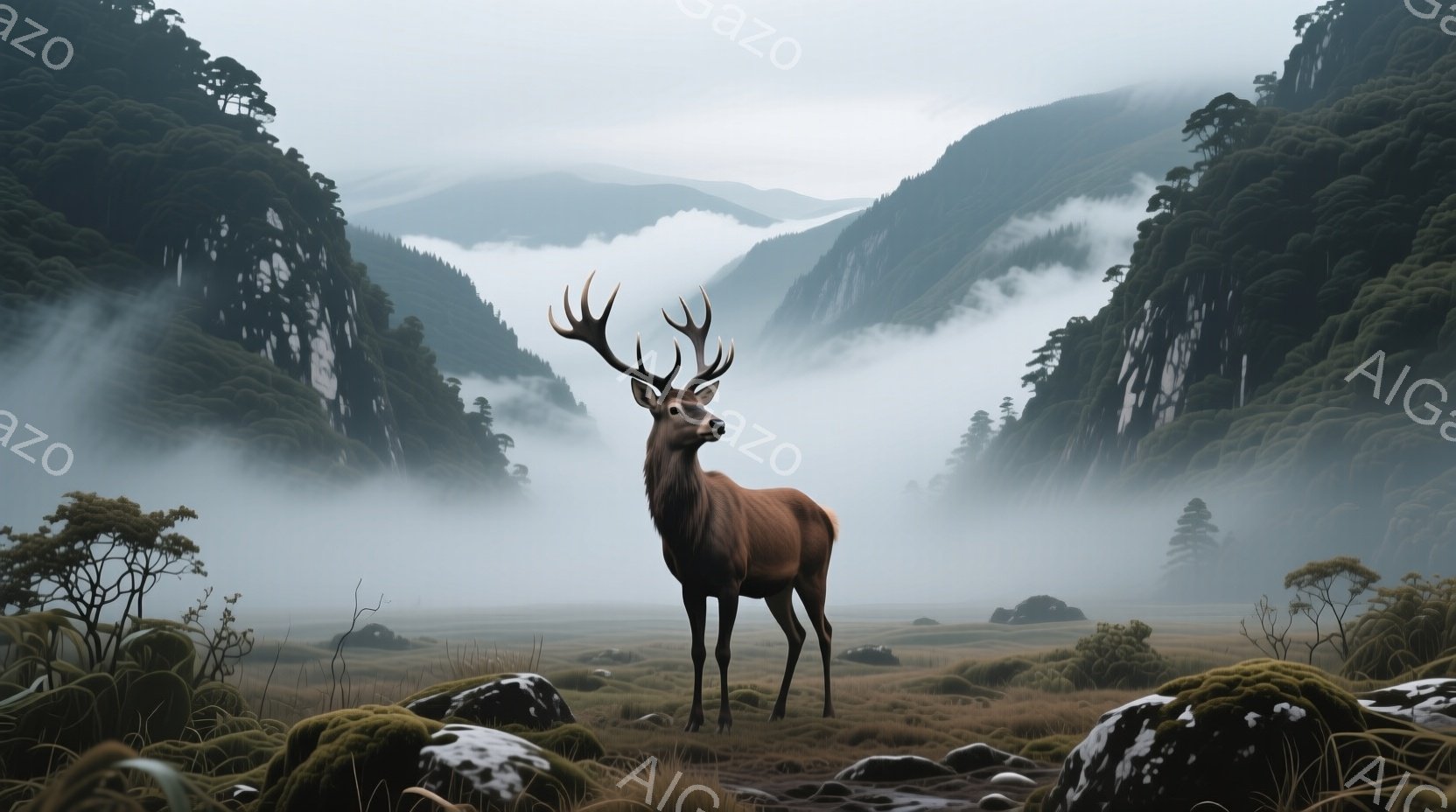 堂々とした雄鹿が、霧に包まれた山間の草原に佇んでいる。鹿は茶褐色の毛並みを持ち、大きく枝分かれした角が特徴的で、力強い姿を際立たせている。背景には険しい山々が連なり、霧が深く立ち込めて神秘的な雰囲気を - AI生成フリー素材