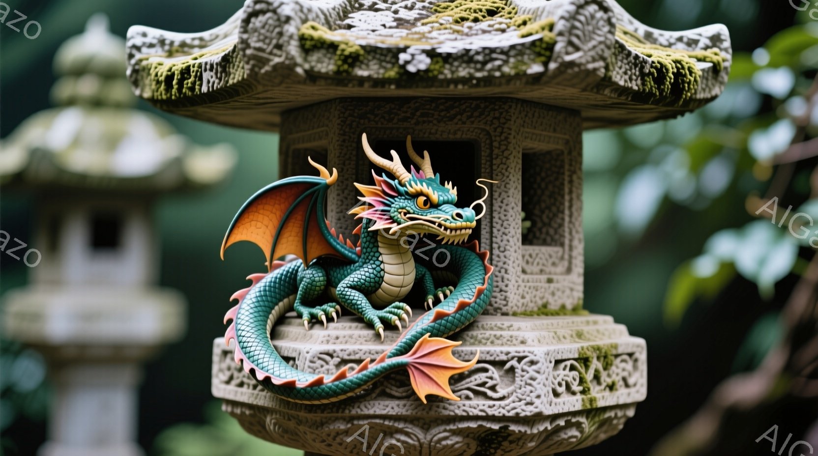 緑色のドラゴンが、苔むした石灯籠の上に身をよじらせてとぐろを巻いている。ドラゴンの目は鋭く、口はわずかに開いており、まるで何かを警戒しているかのようだ。背景には他の石灯籠がぼんやりと見え、静かで神秘的な雰囲気を醸し出している。