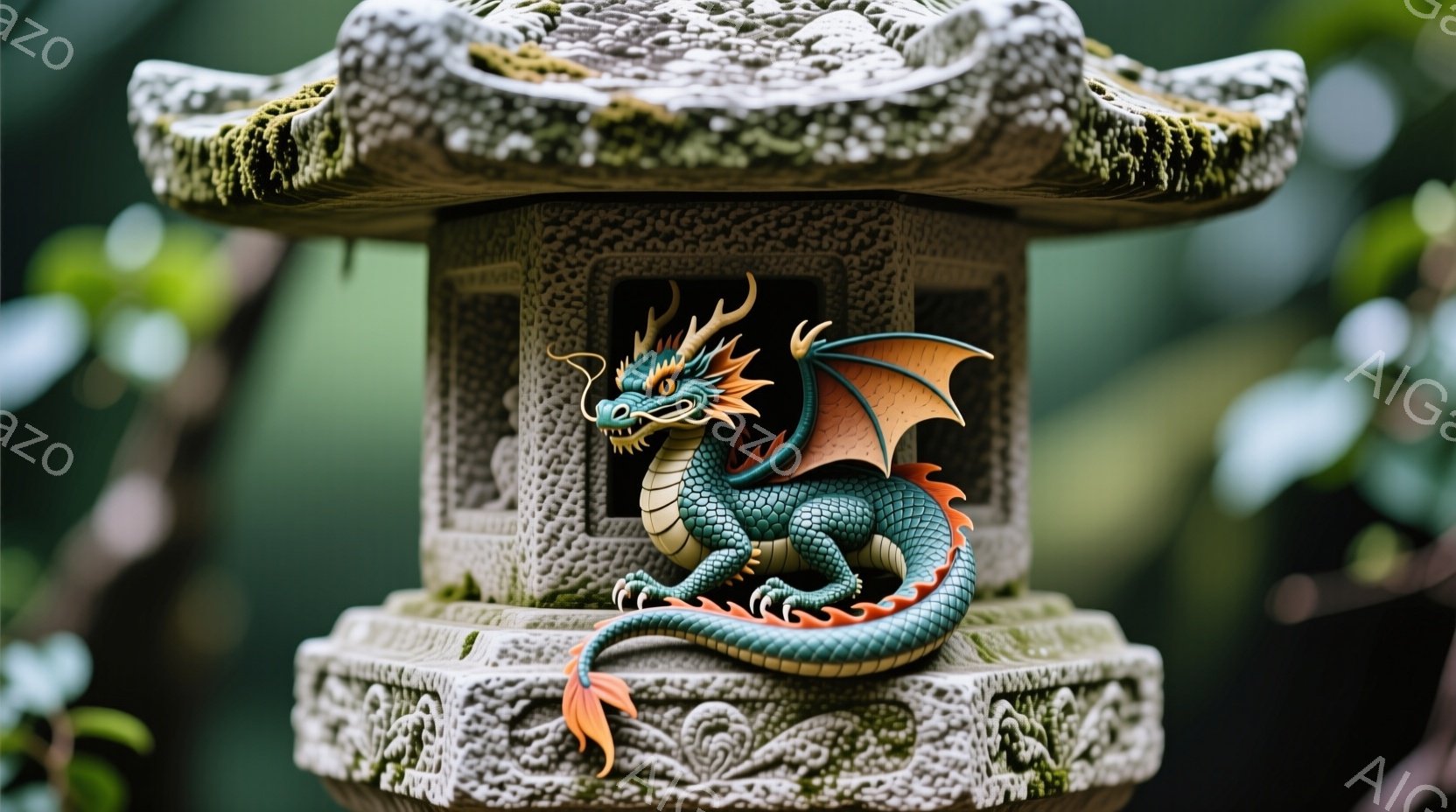 苔むした石製の灯籠の上に、青緑色の龍が巻き付いており、その鮮やかな色彩が目を引きます。龍は翼を広げ、まるで飛び立つ直前の躍動感あふれる姿で、細部まで精巧に彫り込まれています。背景は緑豊かな自然に囲まれ、静かで神秘的な雰囲気を醸し出しています。