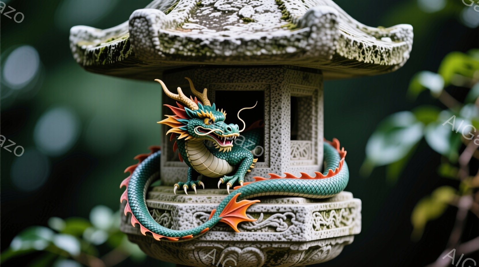 古びた石灯籠に、緑色の龍が巻き付いている様子が描かれている。龍は赤いひれとたてがみを持ち、口を開けて鋭い牙を見せている。背景は緑豊かな自然で、石灯籠には苔が生え、全体的に静かで神秘的な雰囲気を醸し出している。
