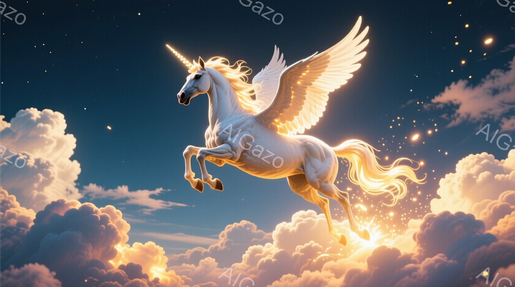 白いユニコーンが雲の上を力強く飛翔している姿が描かれている。たてがみと尾は金色に輝き、翼を広げて空を舞う様子は幻想的で、背景の雲と光の粒子がその神秘的な雰囲気をさらに高めている。雲の下には、黄金色の光 - AI生成フリー素材