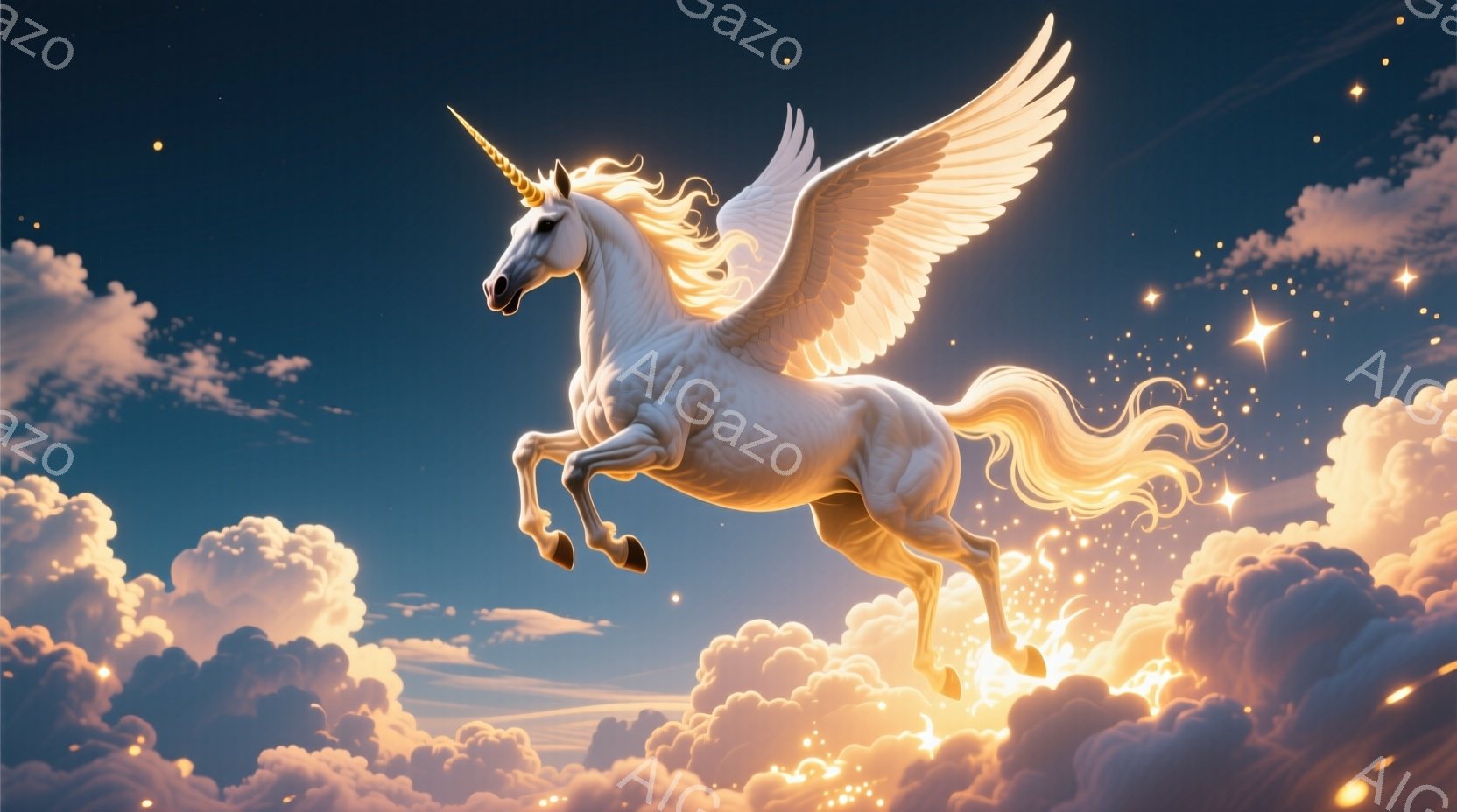 白いユニコーンが雲の上を力強く飛び跳ねている様子が描かれています。たてがみと尾は長く、輝きを放ち、翼は大きく広げられています。背景は夕焼けのようなオレンジと青のグラデーションで、雲が光り輝き、幻想的な - AI生成フリー素材