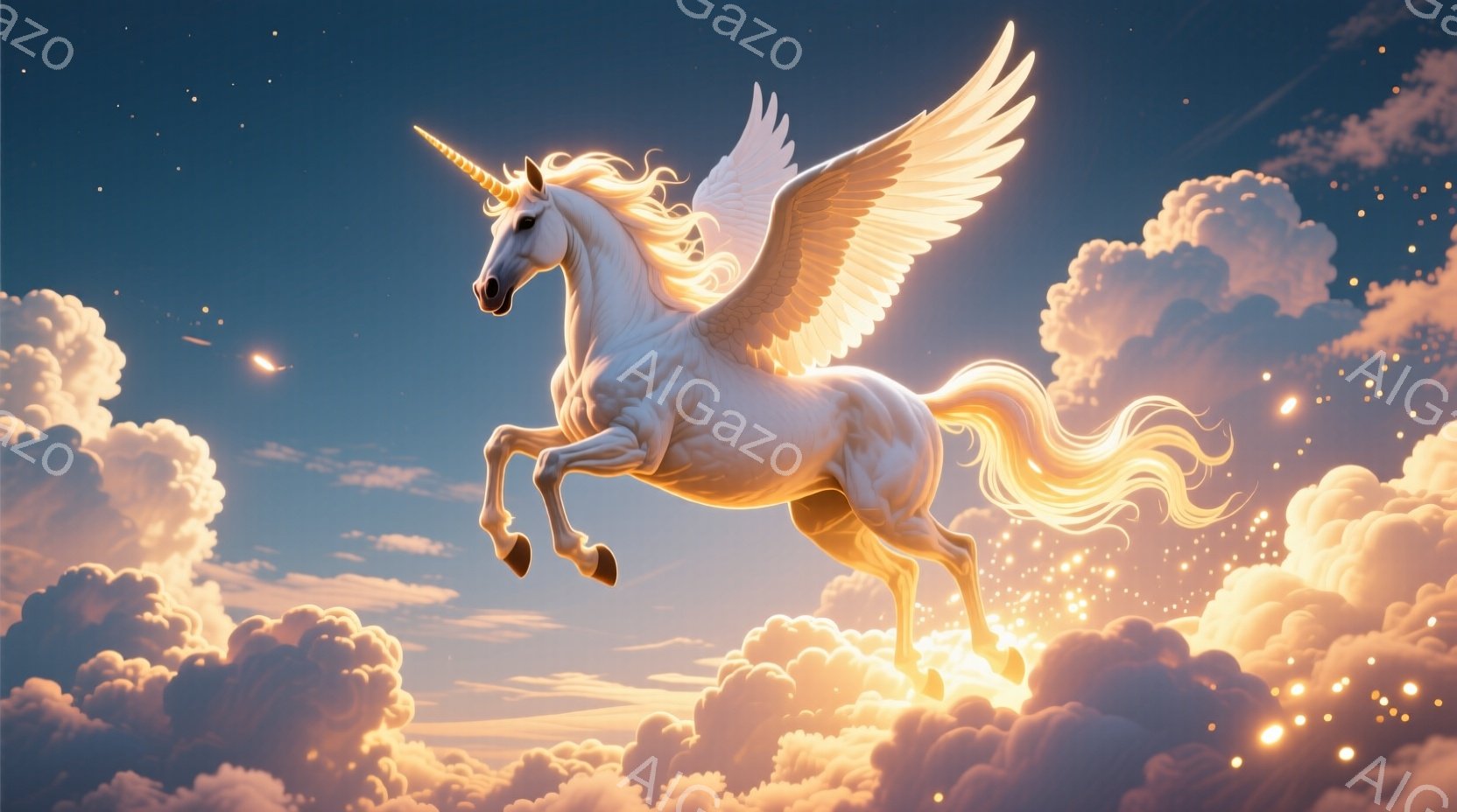 白いユニコーンが雲の上を力強く駆ける姿が描かれている。たてがみと尾は金色に輝き、翼を広げて空を舞っている。背景には金色の光と雲が広がり、神秘的で幻想的な雰囲気を醸し出している。 - AI生成フリー素材