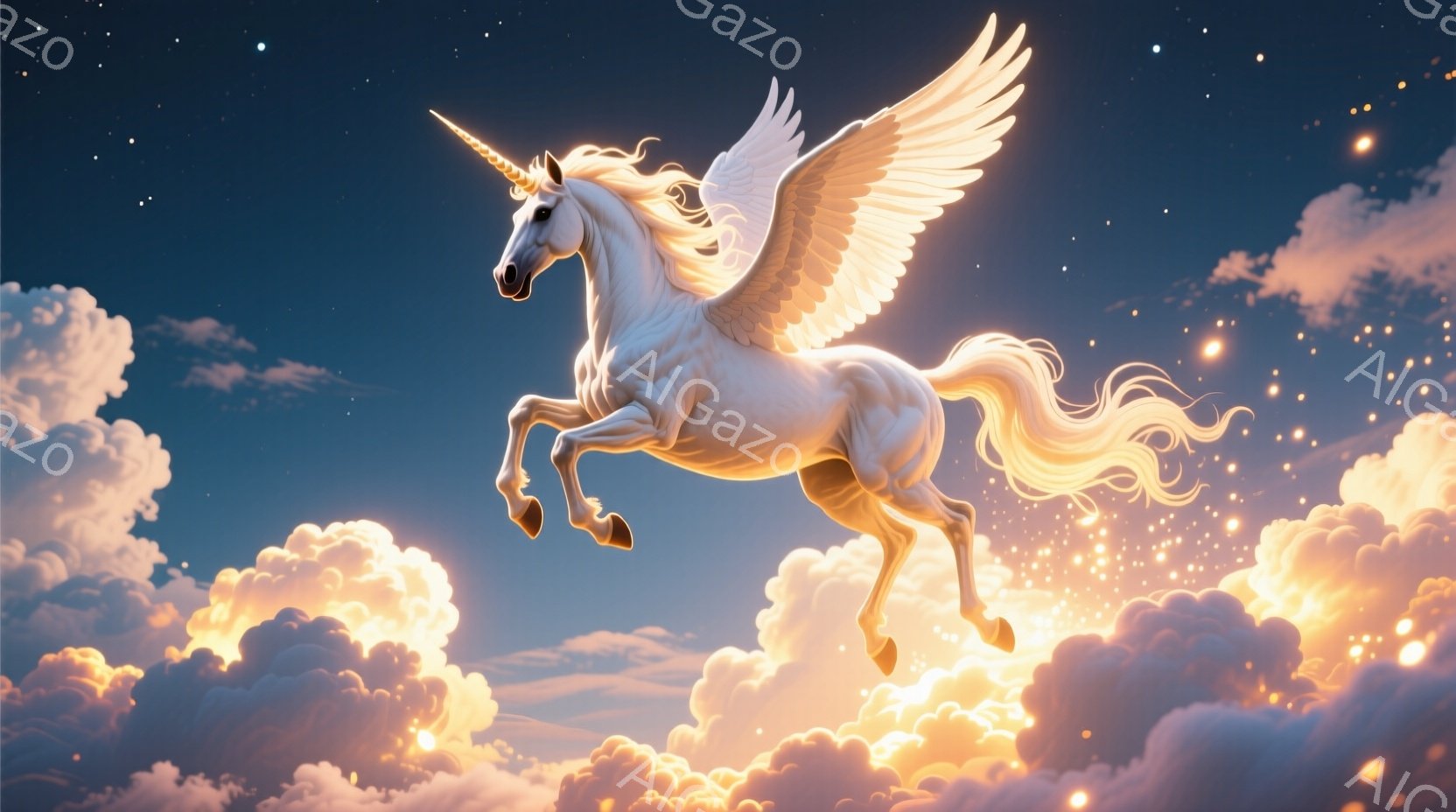 白いユニコーンが雲の上を力強く飛び跳ねています。たてがみが風になびき、翼を大きく広げて空を駆け抜ける姿は神々しく、まるで夢の中にいるようです。背景には黄金色に輝く雲が広がり、きらめく星々が幻想的な雰囲 - AI生成フリー素材
