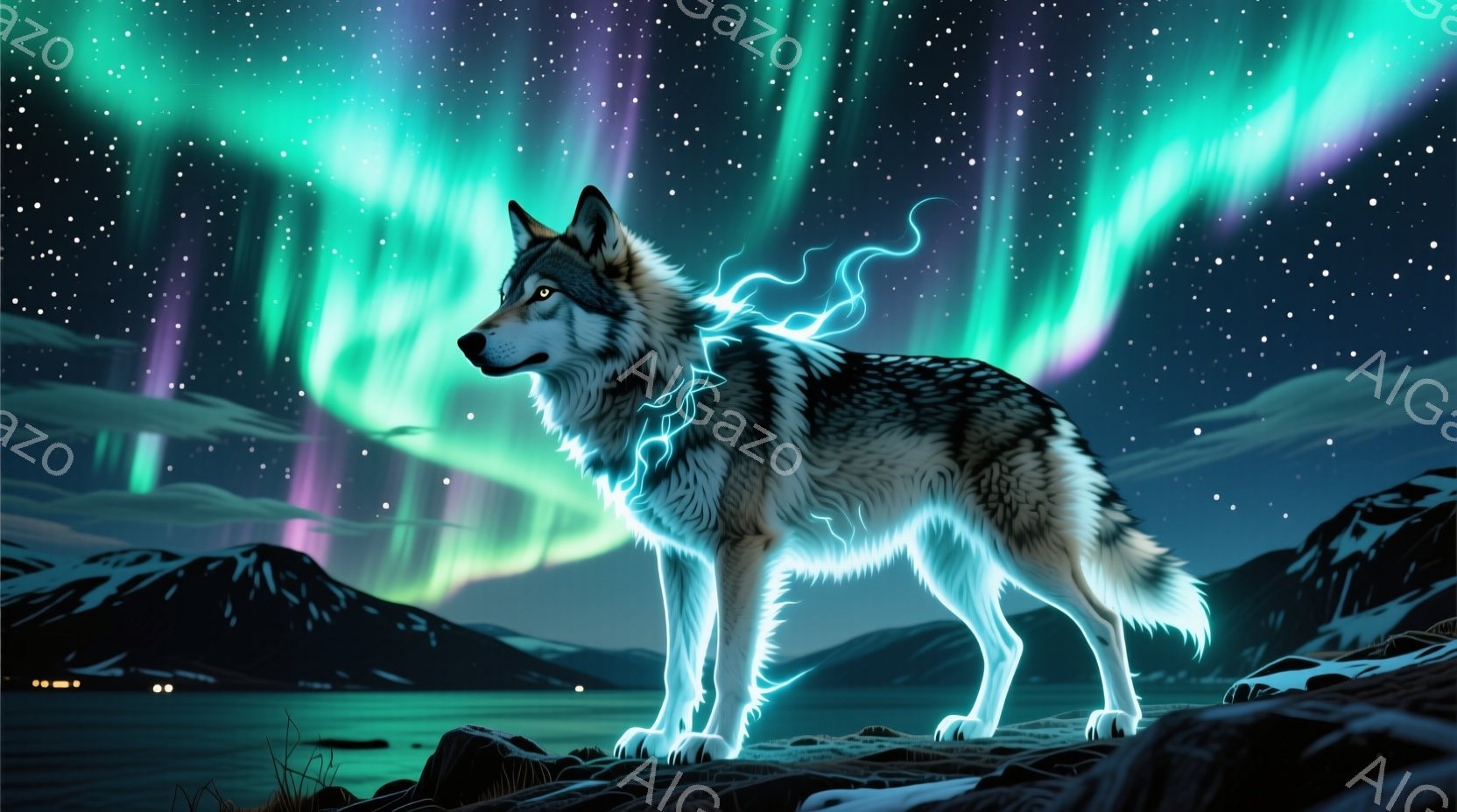 雪景色を背景にした、光を放つ狼が描かれています。狼は、青く光る足と体の一部を持ち、力強い立ち姿を見せています。背景にはオーロラが輝き、雪山と暗い水面が広がっており、神秘的で幻想的な雰囲気を醸し出してい - AI生成フリー素材