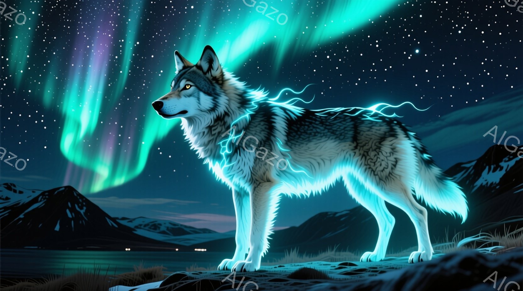 暗い風景の中に、青く光る毛並みを持つ狼が立っている。背後には、水面と山々が見え、空にはオーロラが広がり、神秘的な雰囲気を醸し出している。狼の体からは青いエネルギーが流れ、力強さと静けさが共存した姿を印 - AI生成フリー素材