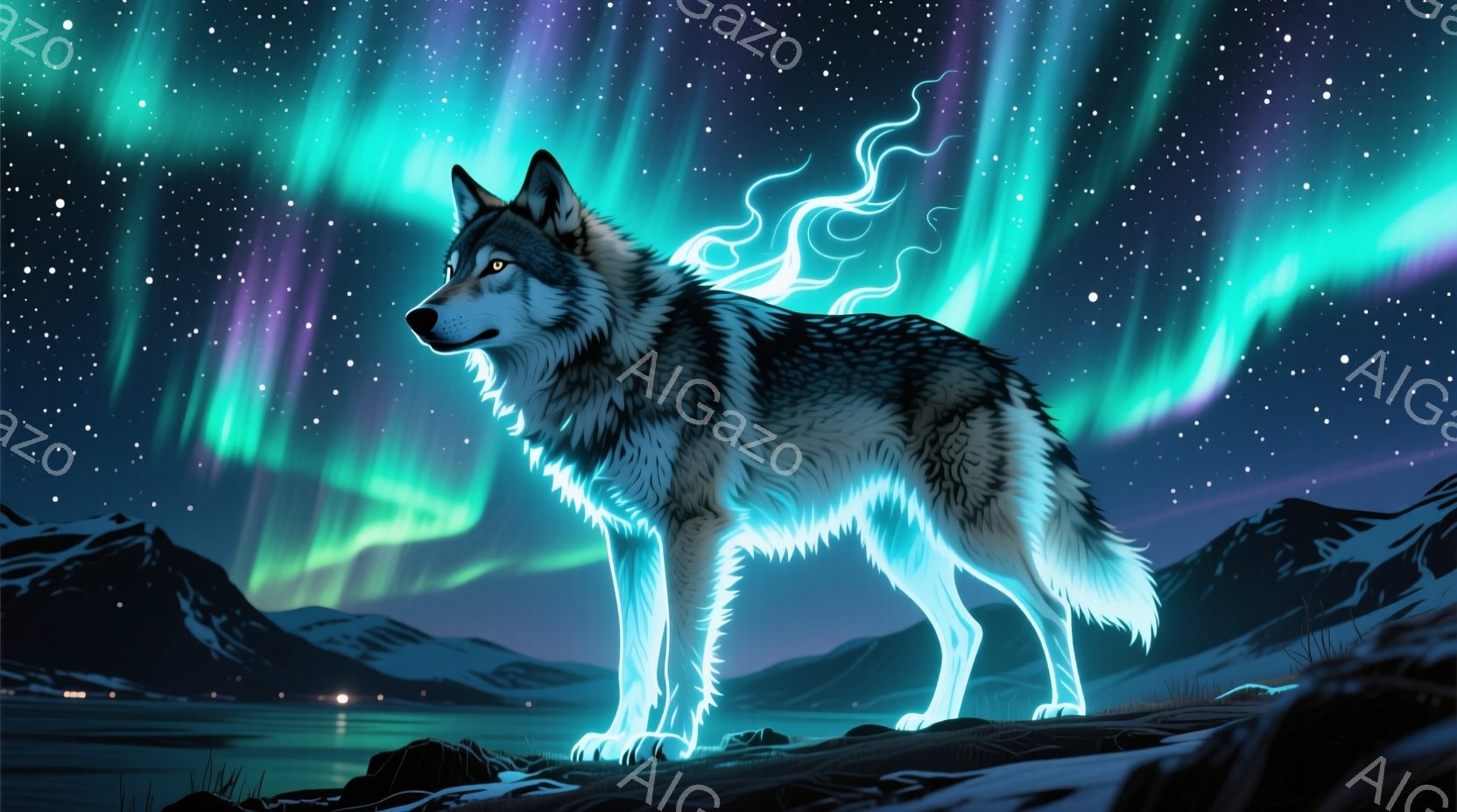 夜空にオーロラが輝き、雪に覆われた丘の上に、青い光を放つ狼が立っている。狼は黒と灰色の毛並みを持ち、その足元は青いエネルギーに包まれている。遠景には、雪に覆われた山々と、ぼんやりと灯る街の明かりが見え - AI生成フリー素材