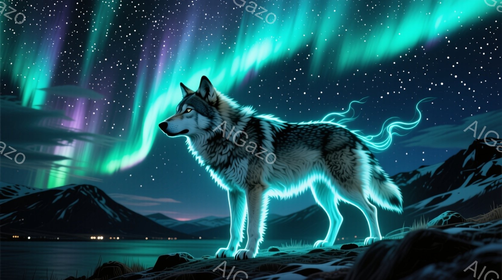 夜空を背景に、青白い光を纏った狼が岩場に立っている。狼は鋭い眼差しで正面を見つめ、その体からは神秘的な光が放たれている。背景には雪山と湖が広がり、オーロラが夜空を彩る幻想的な風景が広がっている。 - AI生成フリー素材