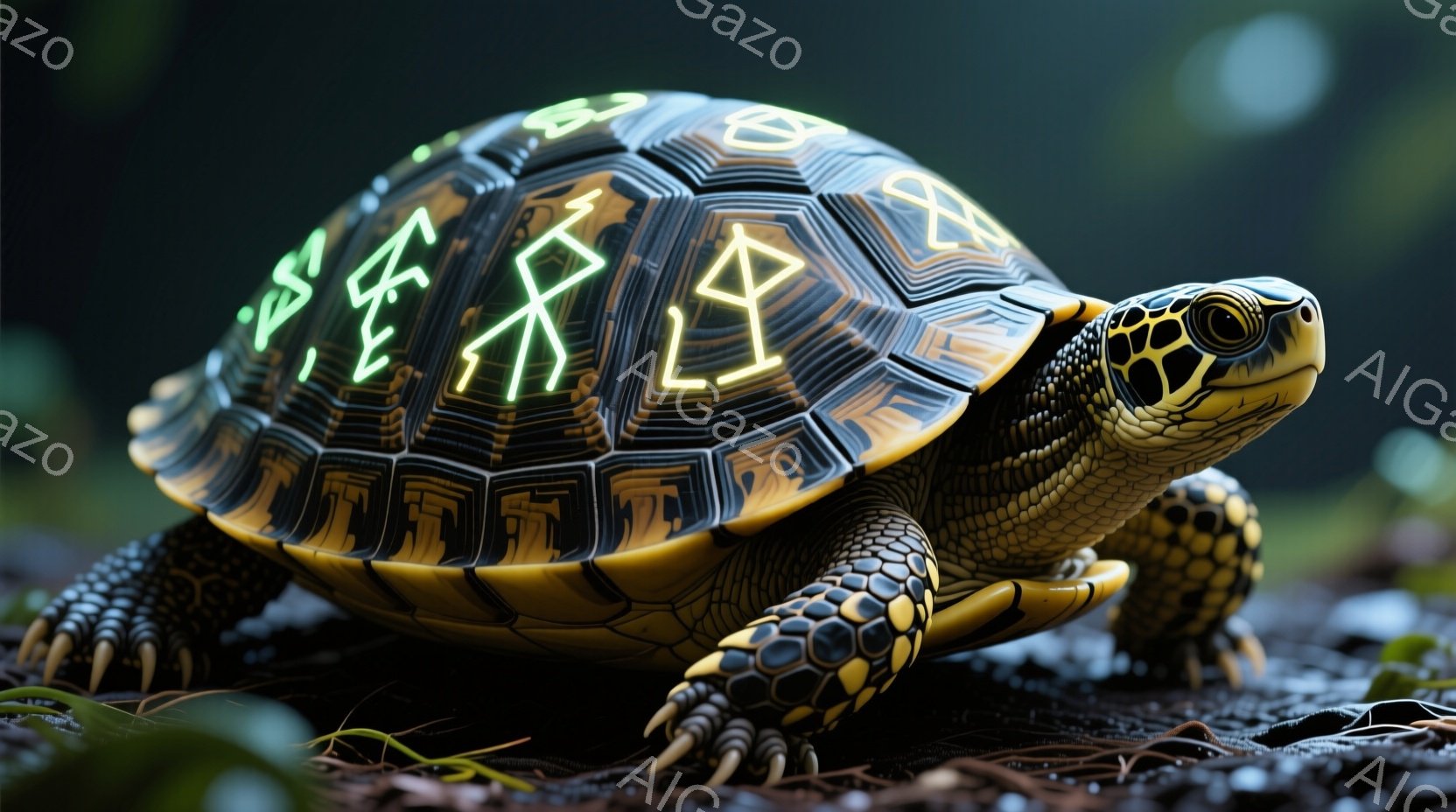 独特の模様が刻まれた甲羅を持つカメを捉えています。カメは茶色と黒の縞模様の脚を持ち、正面をまっすぐ見ています。背景はぼやけた自然の風景で、落ち葉や緑の植物が見え、全体的に神秘的で幻想的な雰囲気を醸し出しています。