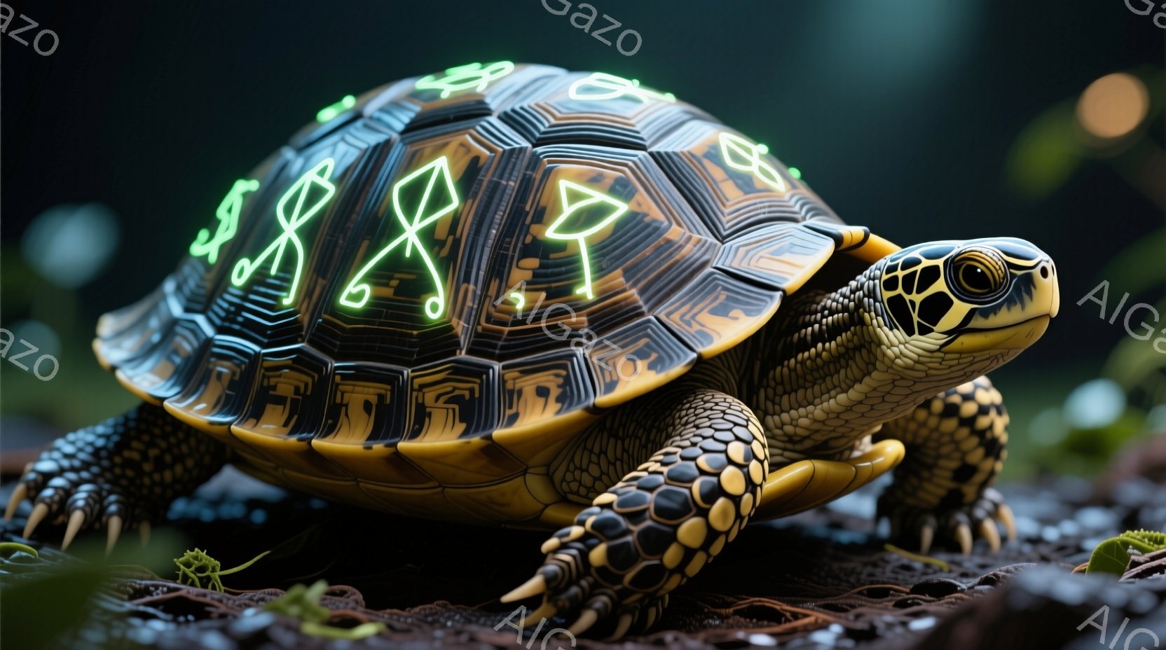亀は、複雑な模様が描かれた美しい甲羅を持っており、その上に緑色の光る記号が描かれています。その姿は、湿った地面の上にしっかりと立ち、前方に視線を向けており、強い意志を感じさせます。背景にはぼやけた自然の要素が見え、神秘的でファンタジーのような雰囲気を醸し出しています。