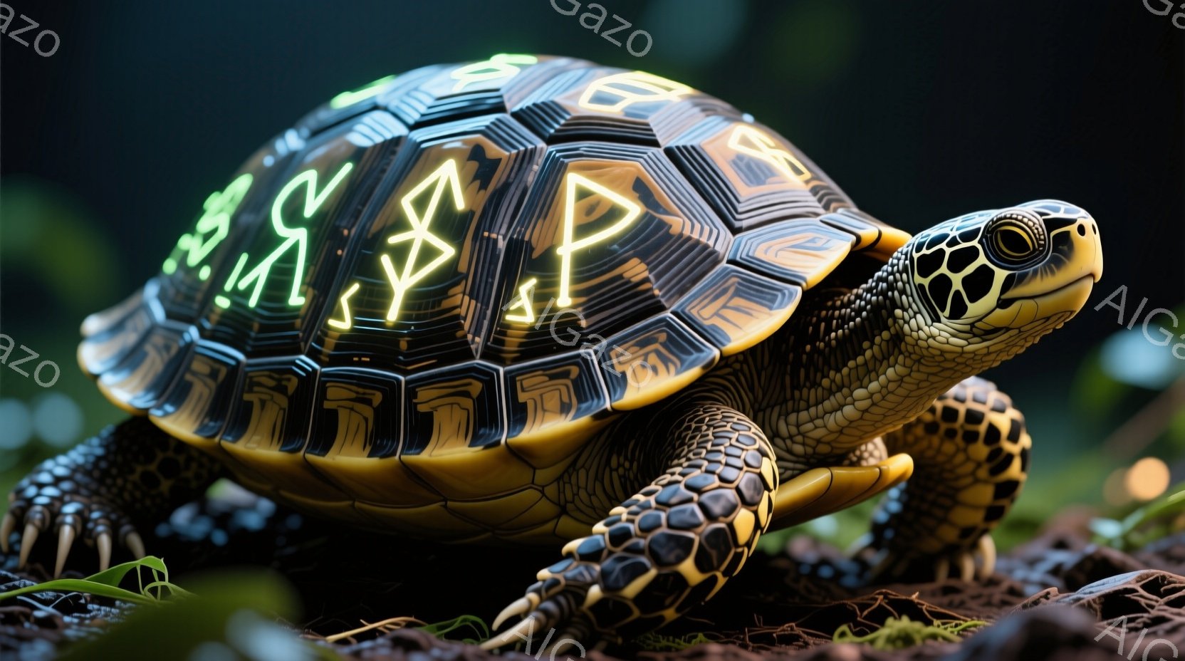 このカメは、複雑な模様が刻まれた輝く甲羅を持つ美しい姿を見せています。脚は細かい黒と黄色の斑点で覆われ、緑豊かな植物や土の上にしっかりと立っています。 全体的に、神秘的で自然の美しさを感じさせる、穏やかで魅力的な雰囲気です。