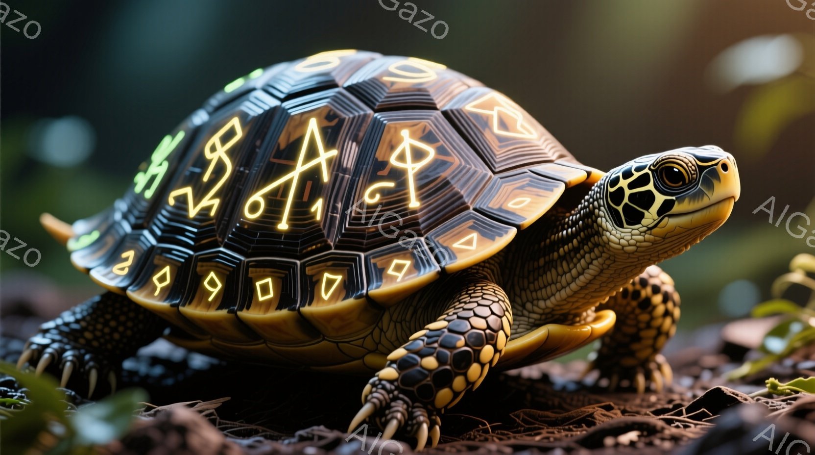 複雑な模様が刻まれた甲羅を持つ小さなカメを描いています。カメの甲羅は幾何学的な形状に区切りがあり、それぞれの区画に光るような記号が描かれています。背景は緑豊かな植物と落ち葉で覆われた地面で、カメは前足を伸ばし、少し顔を上げて何かを見つめているようです。