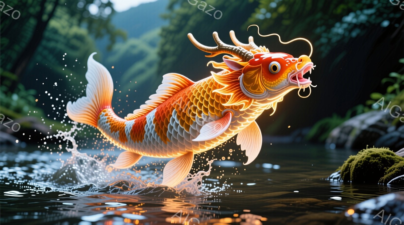鮮やかなオレンジと白の模様を持つ巨大な鯉が、水面から飛び跳ねている姿が描かれています。その姿はまるで龍のようで、水しぶきと共に力強く躍動感に満ちています。背景には緑豊かな自然が広がり、水面には光が反射 - AI生成フリー素材