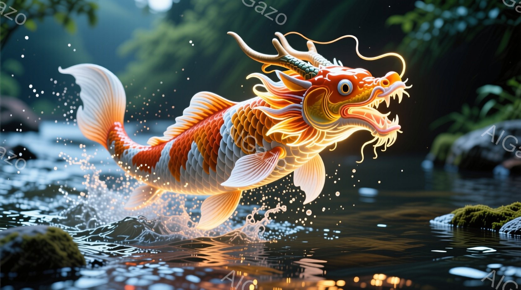 鮮やかな朱色と金色の錦鯉が水面から躍り出ている様子が描かれています。鱗は細かく、光沢があり、ひげは長く、生き生きとした表情をしています。背景には緑豊かな自然が広がり、水しぶきが光を受けてキラキラと輝き、躍動感と幻想的な雰囲気を醸し出しています。