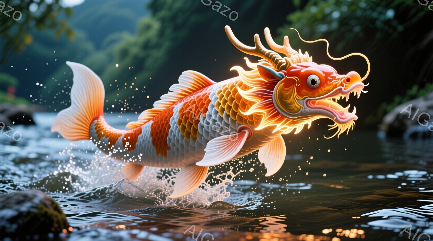 鮮やかなオレンジと白の鯉が水面から飛び跳ねている姿が描かれています。鱗は細かく表現され、ひげや背びれは力強く、躍動感があります。背景は緑豊かな自然で、水しぶきが鯉の動きを強調し、活気に満ちた雰囲気を醸し出しています。