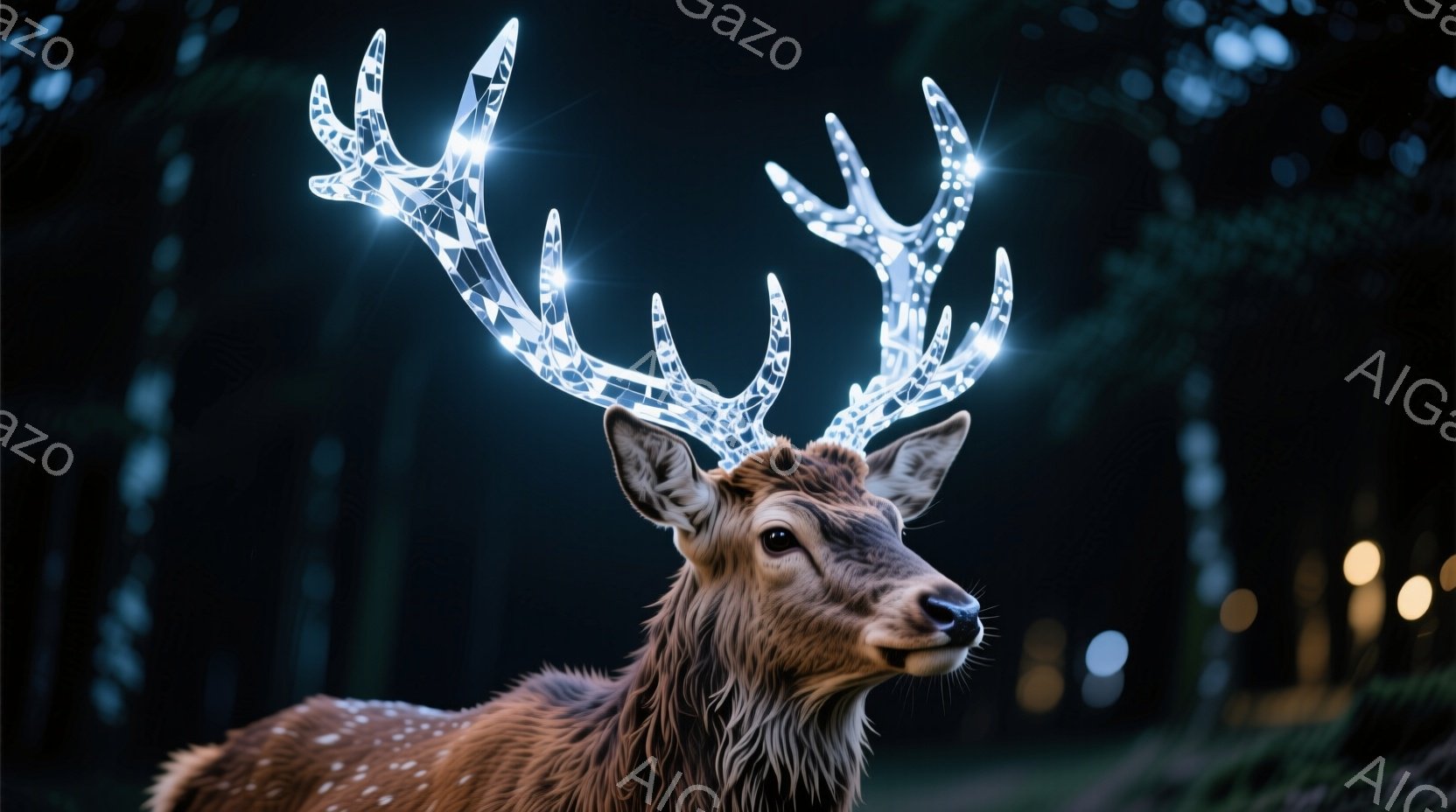 茶色のシカがこちらを見ており、頭には光るポリゴナルな角が生えている。背景は暗い森で、ぼやけた光が木々の間から差し込み、幻想的な雰囲気を醸し出している。シカの表情は穏やかで、神秘的な存在感を漂わせている - AI生成フリー素材